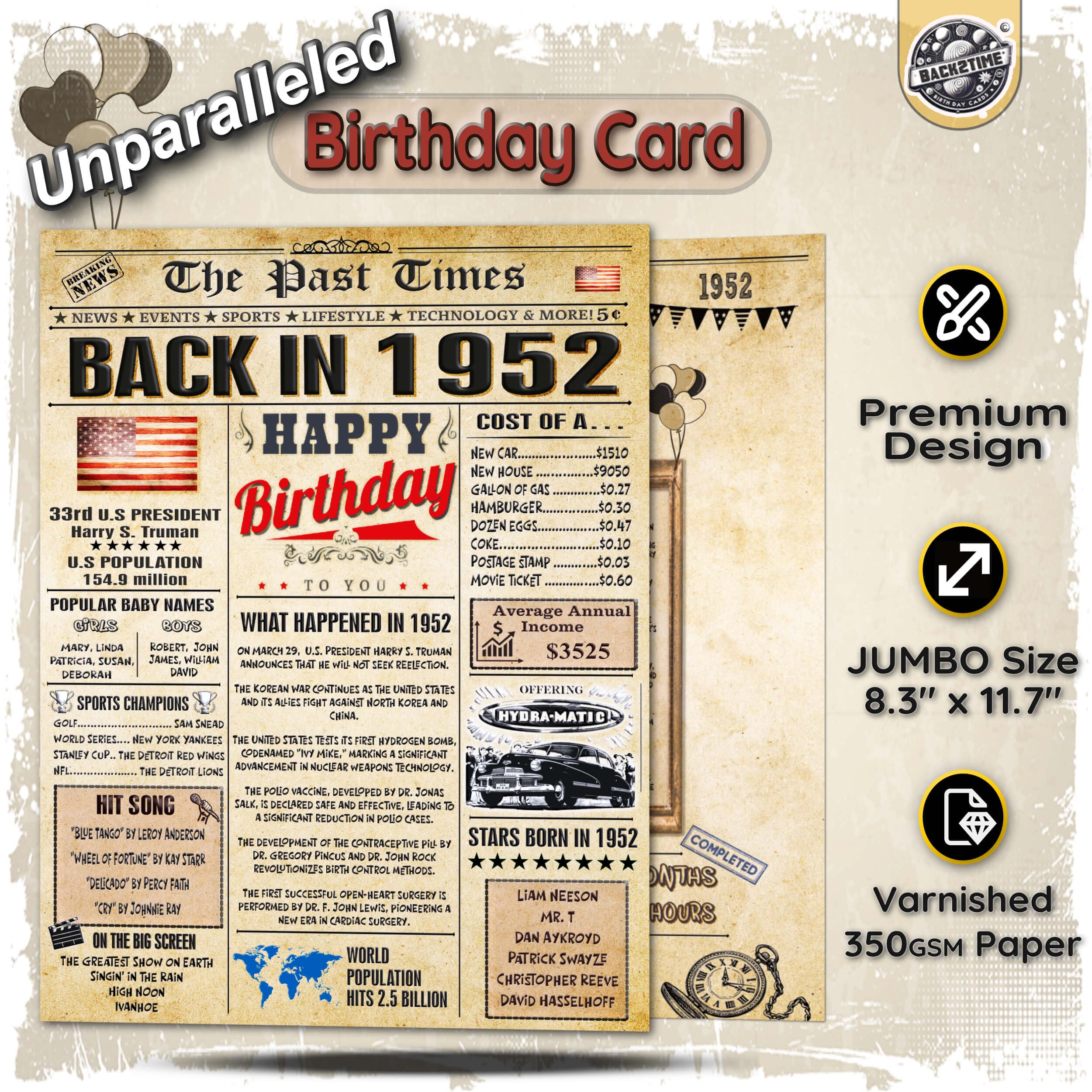 73rd Birthday Card for Women Men - Back In 1952 Newspaper - 73rd Happy BIRTHDAY card - 73rd birthday gift for Her Him - JUMBO A4 size - 73rd birthday decorations Dad Mom - Best gifts for 73 year old