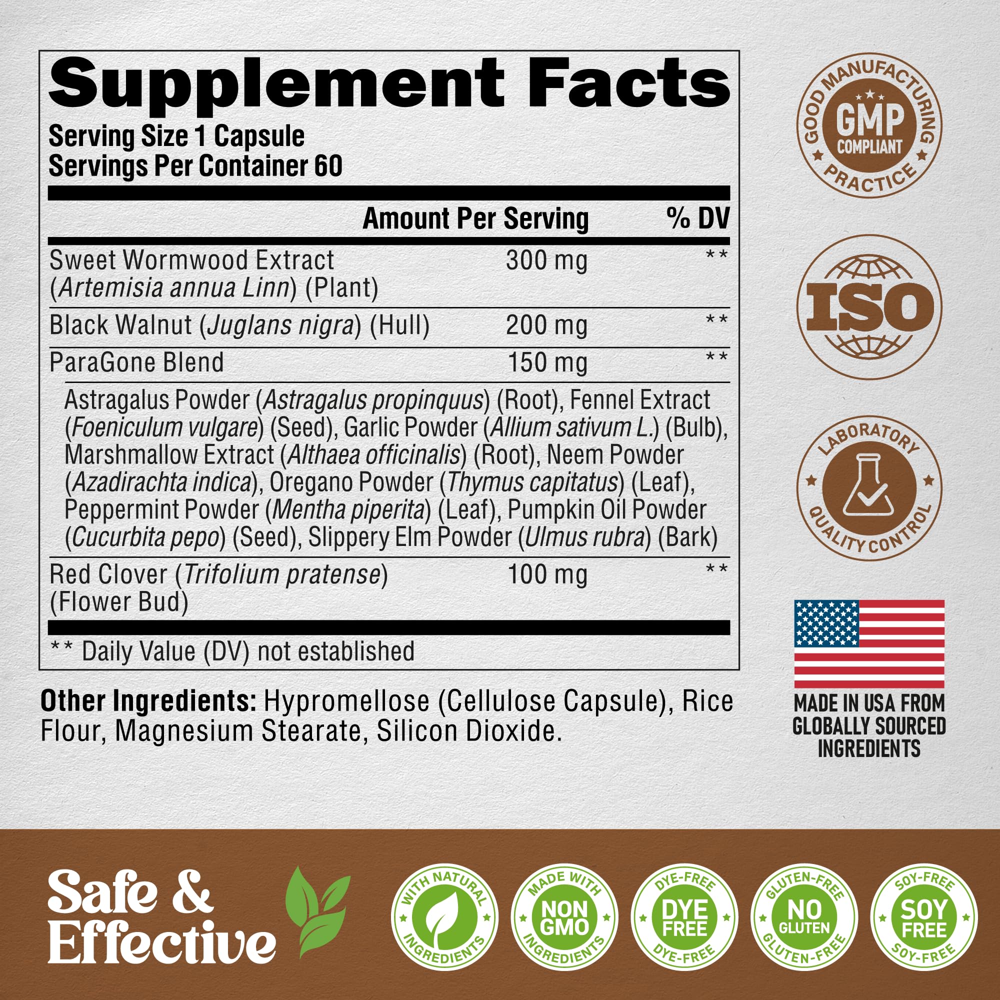 Wormwood, Black Walnut, Clove & Astragalus - ParaGone for Cleanse, Detox, Intestinal & Gut Flora Support - 12 in 1 Complex for Men & Women - NON-GMO, Vegan - Made in USA - 60 Capsules for 2 Months