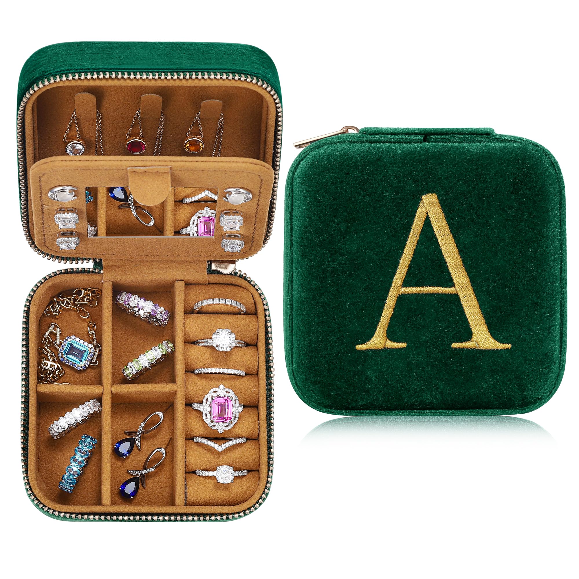 Parima Christmas Gift for Women - Stocking Stuffers, Plush Velvet Travel Jewelry Case Organizer, Small Jewelry Box Custom, Birthday Gift for Women Her, Personalized Gifts - Letter A, Green