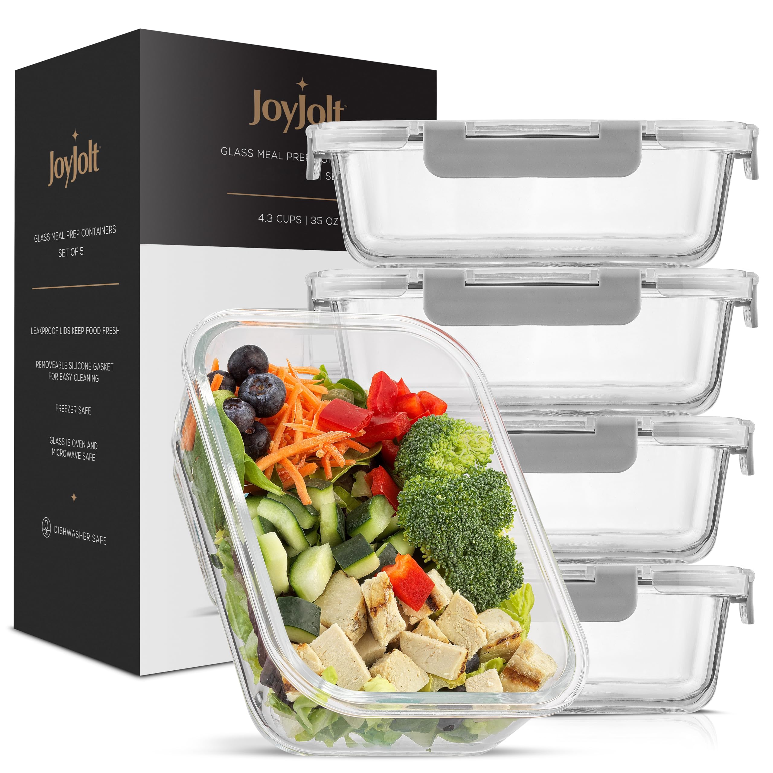 JoyJolt Glass Food Storage Containers with Lids. 5 Pack Glass Meal Prep Containers Reusable 35oz Single Compartment Airtight Container Set. Lunch Containers for Adults and Kitchen Storage Containers