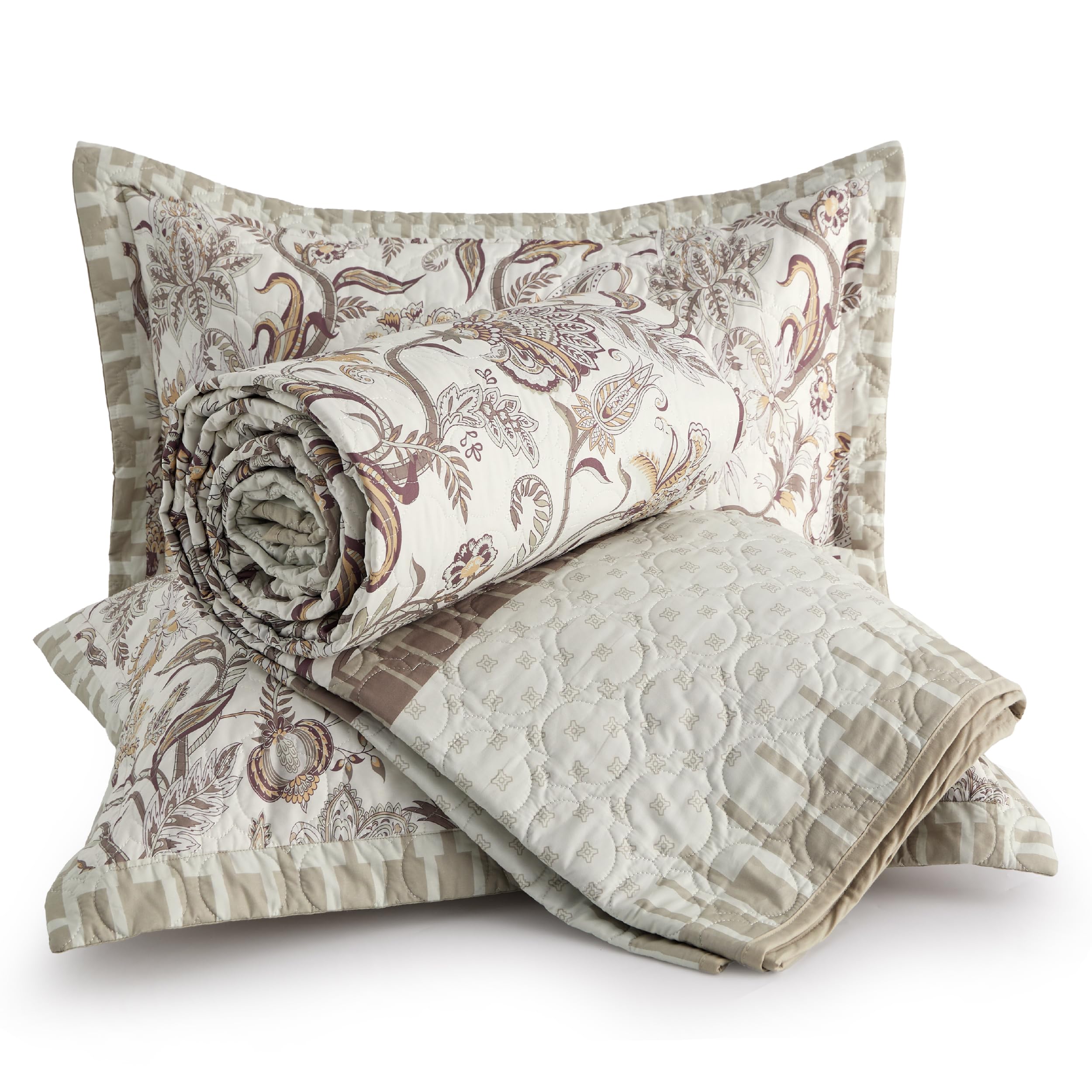 Bedsure Cotton Quilt Set Queen - Paisley Pattern Reversible Quilt Bedding Set, 3 Pieces Microfiber Bedspread, Taupe Floral Coverlet Set with 2 Pillow Shams for All Seasons (90"x96")