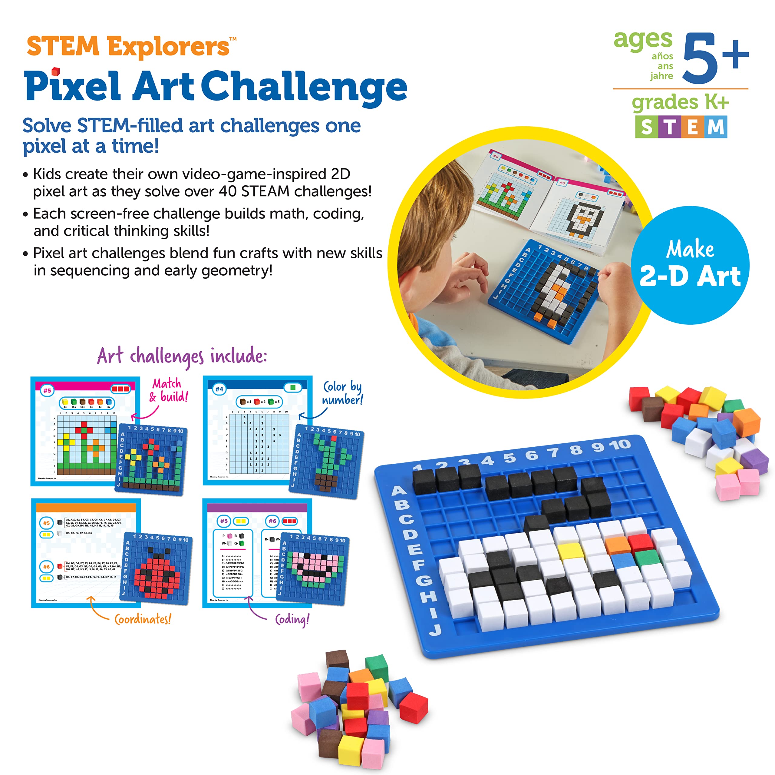 Learning Resources STEM Explorers Pixel Art Challenge, 402 Pieces, Ages 5+, STEM Toys For Kids, Coding Basics For Kids, STEM Activities For Classroom, Medium