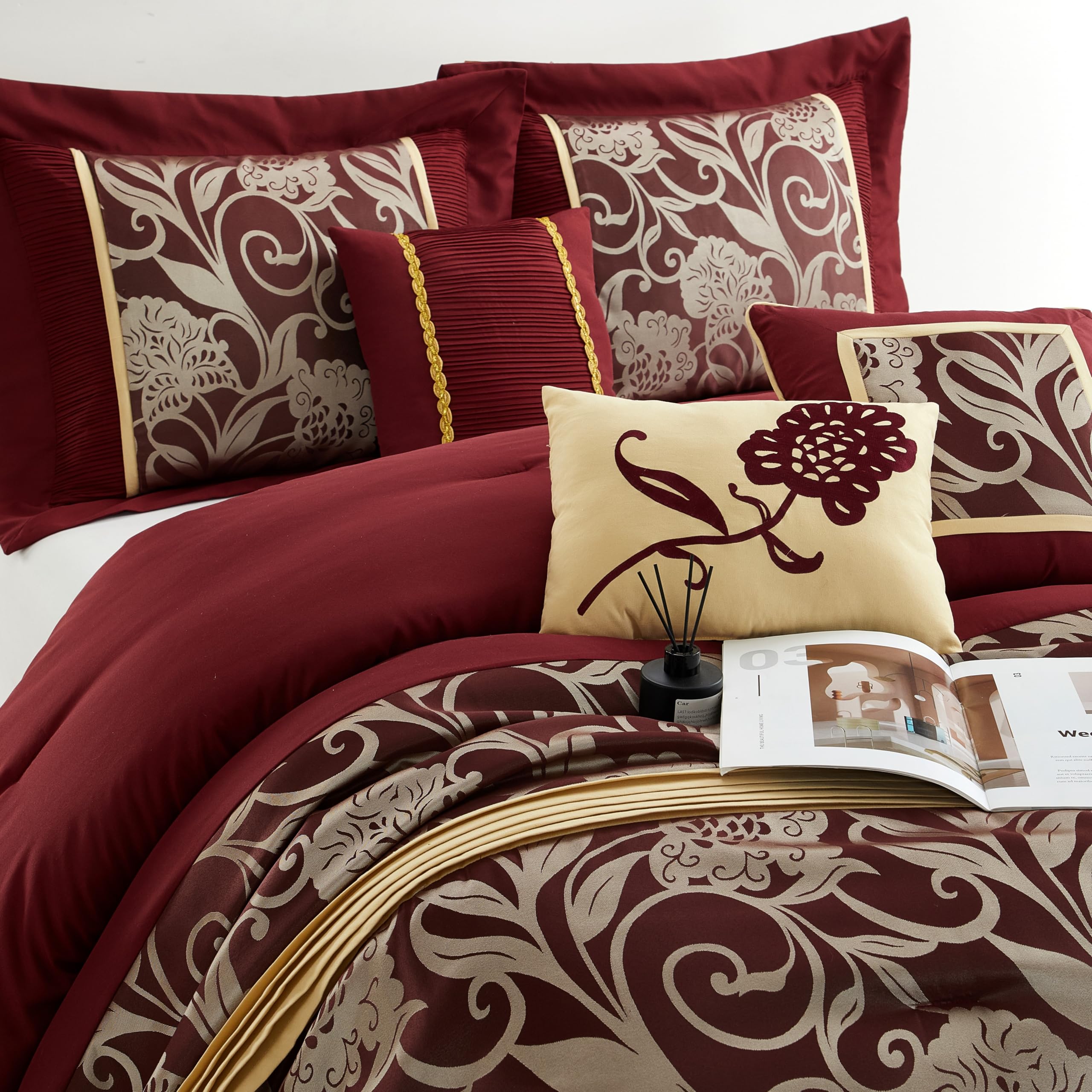 Stratford Park Jacquard 7-Piece Comforter Bedding Set, Red, California King, Floral Bedding Set, Matching Bedskirt, Pillows & Shams