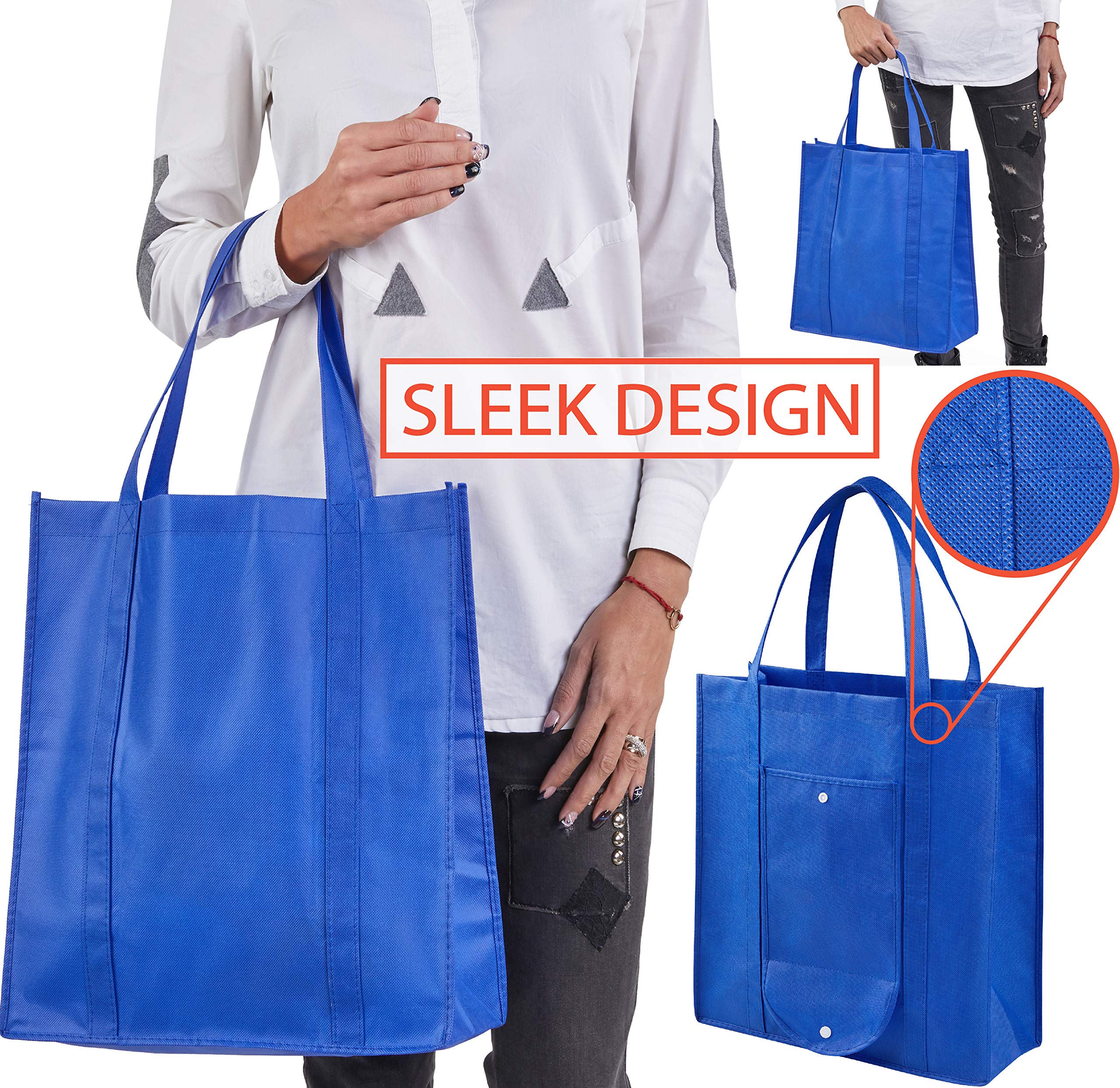 CLEVERFECT Extra Large Grocery Bags (Set of 5) - Foldable Into Pouch, Durable Heavy Duty Totes With Long Handles, Washable & Eco Friendly