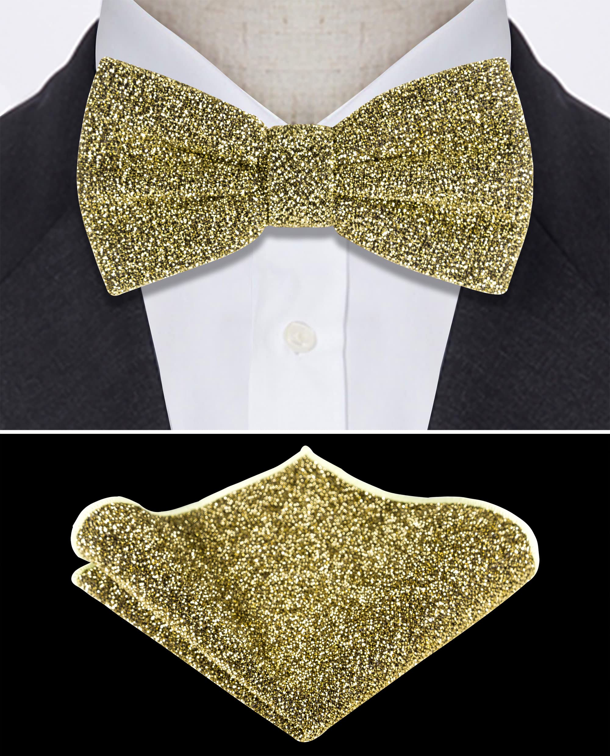 TIE G Men's Glitter Velvet Bow Tie + Pocket Square Set in Gift Box for Wedding, Party : Glittering Effects, Unisex Design (Twinkling Gold)