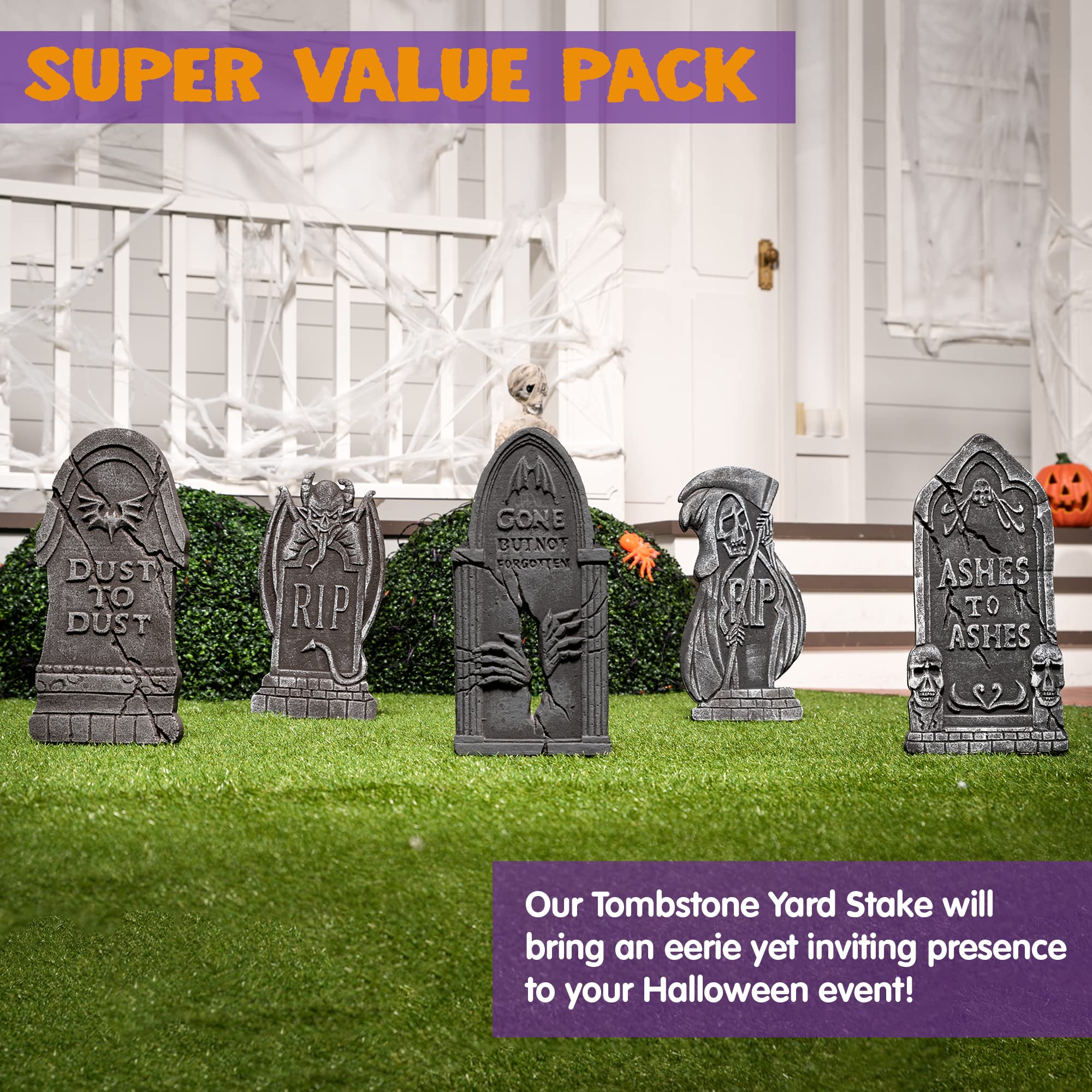 JOYIN 17” Halloween Tombstones for Graves Halloween Decorations Outdoor (5 Pack), Foam RIP Graveyard Headstone Decorations and 10 Bonus Metal Stakes for Halloween Yard Lawn Decorations