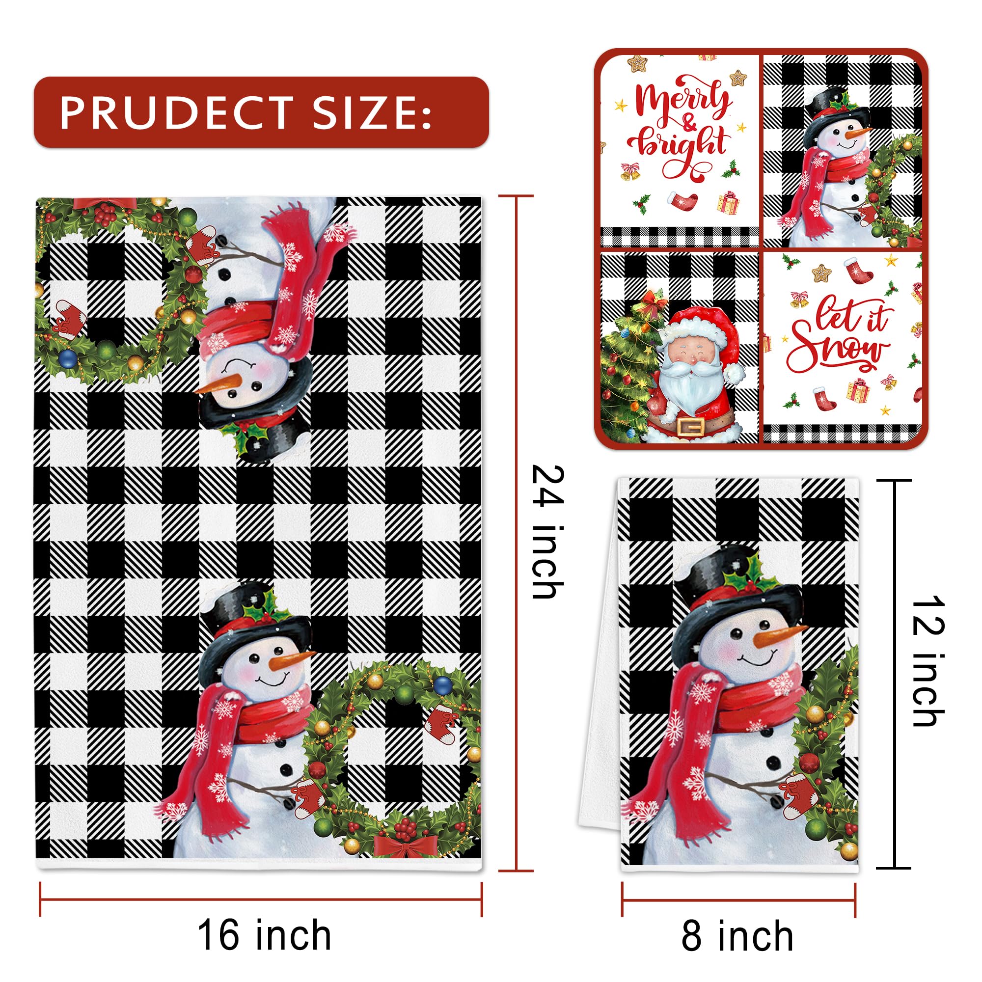 Christmas Kitchen Towels Sets of 4 - Christmas Hand Towels Bathroom - Christmas Dish Towels Microfiber Tea Dishcloths - Christmas Decor Winter Black Buffalo Plaid Xmas Housewarming Hostess Gifts