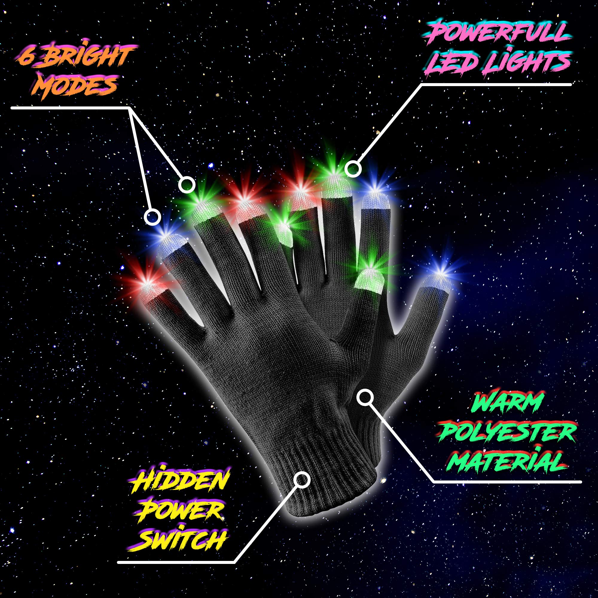 Fun Central 1Pair - LED Rave Gloves - Flashing Light Up with Finger Lights - Black