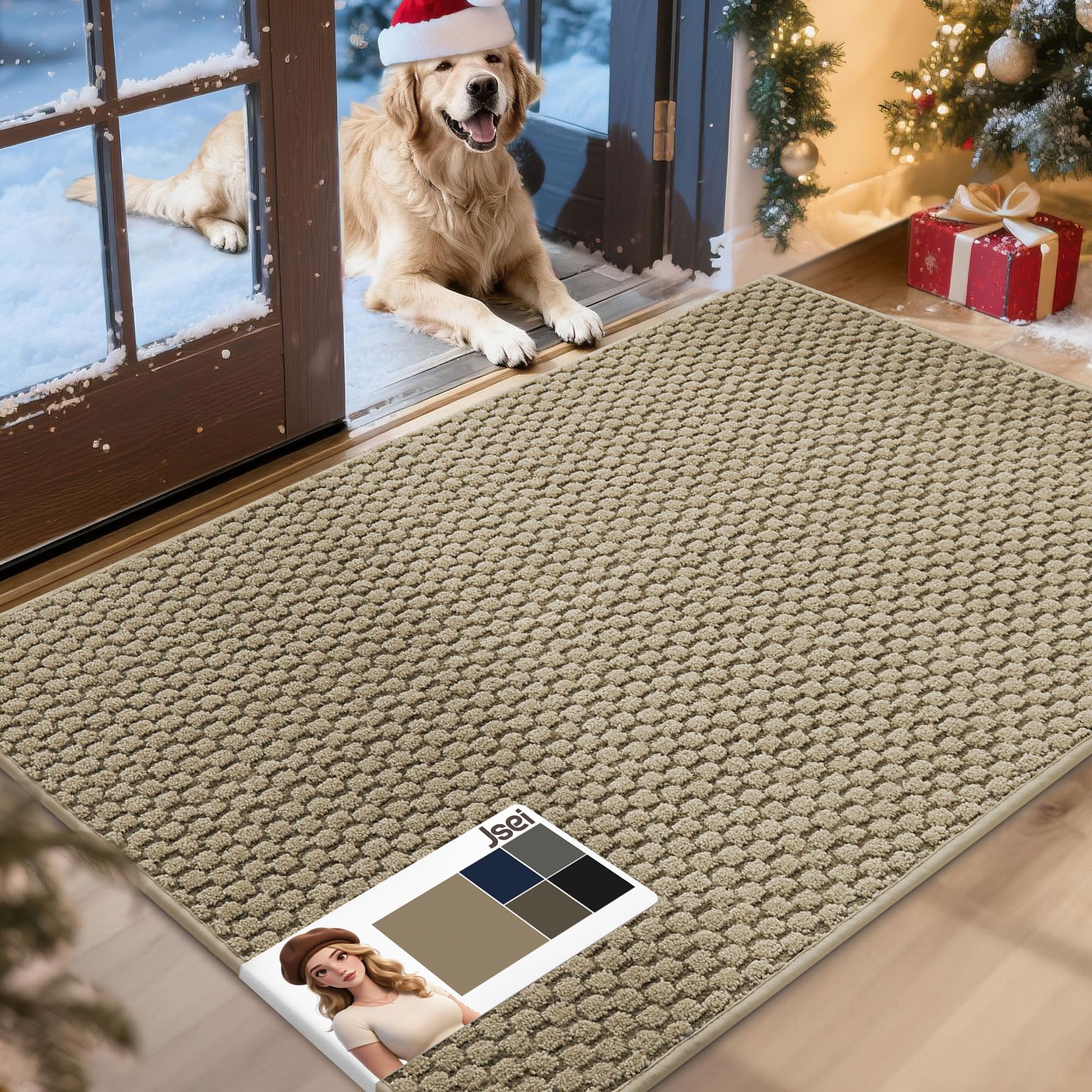 JSEI Dirt Trapper Door Mat 32"x48", Non-Slip Entryway Rugs Doormat Indoor, Washable Absorbent and Stain Resist Welcome Floor Mat for Front Door, Dog Door Mat, Muddy Wet Shoes & Paws, Beige