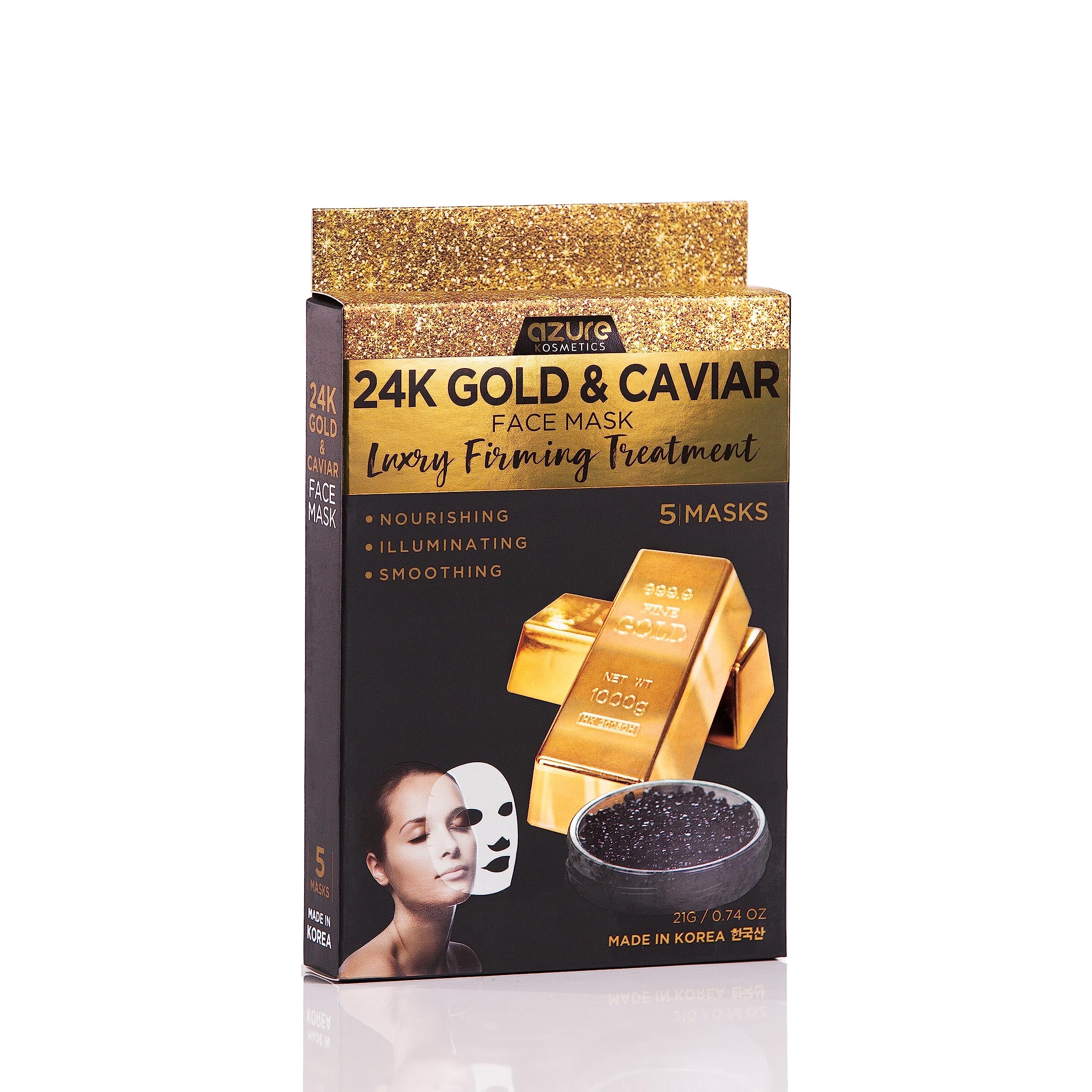 AZURE 24K Gold and Caviar Anti Aging Luxury Face Mask - Hydrating & Firming Facial Mask - Helps Reduce Wrinkles & Fine Lines - With Hyaluronic Acid & Collagen - Skin Care Made in Korea - 5 Pack