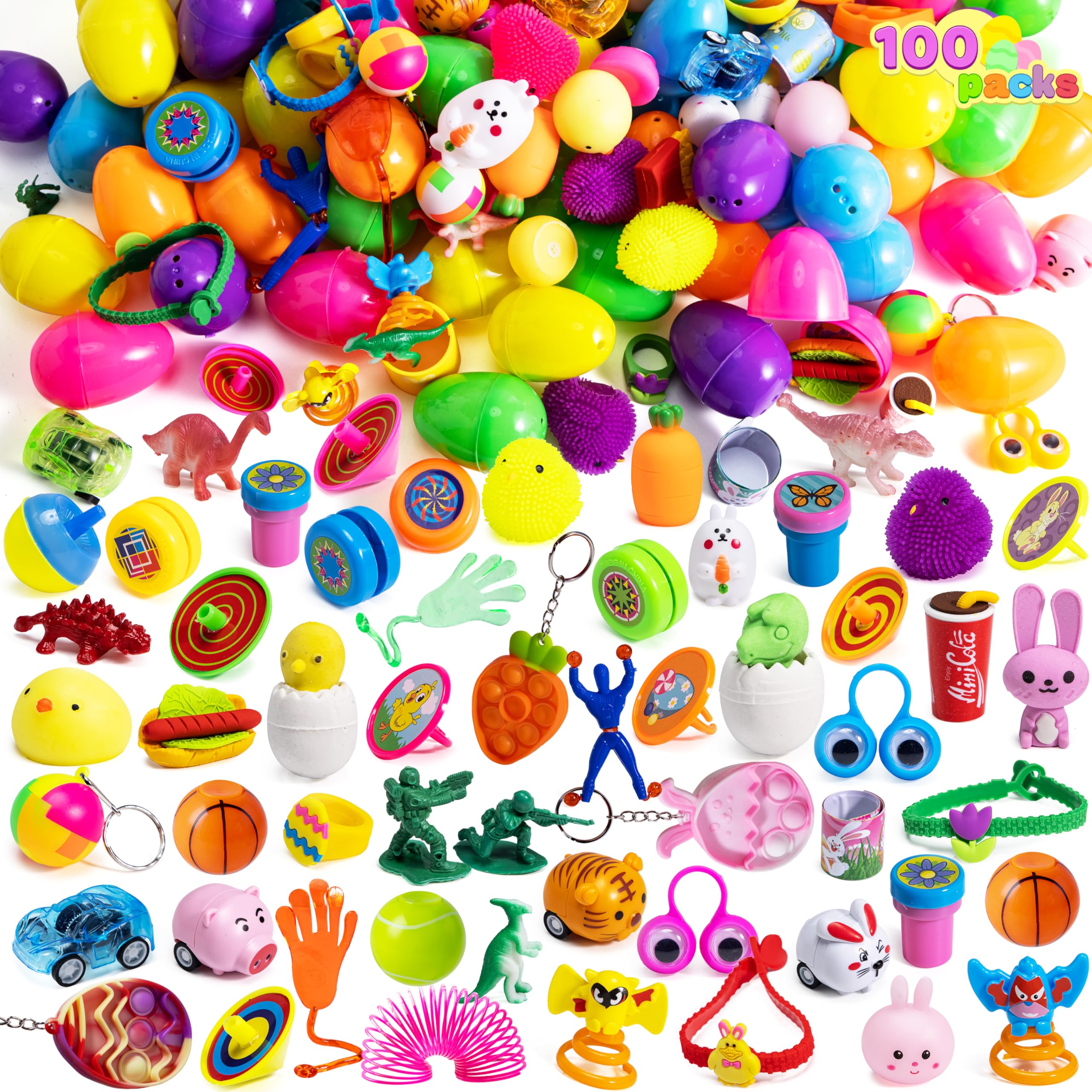 JOYIN 100 PCS Prefilled Easter Eggs with Assorted Toys Plus Stickers Inside, Plastic Eggs for Kids Hunt, Basket Stuffers Fillers, Party Favors, Classroom Prize Supplies