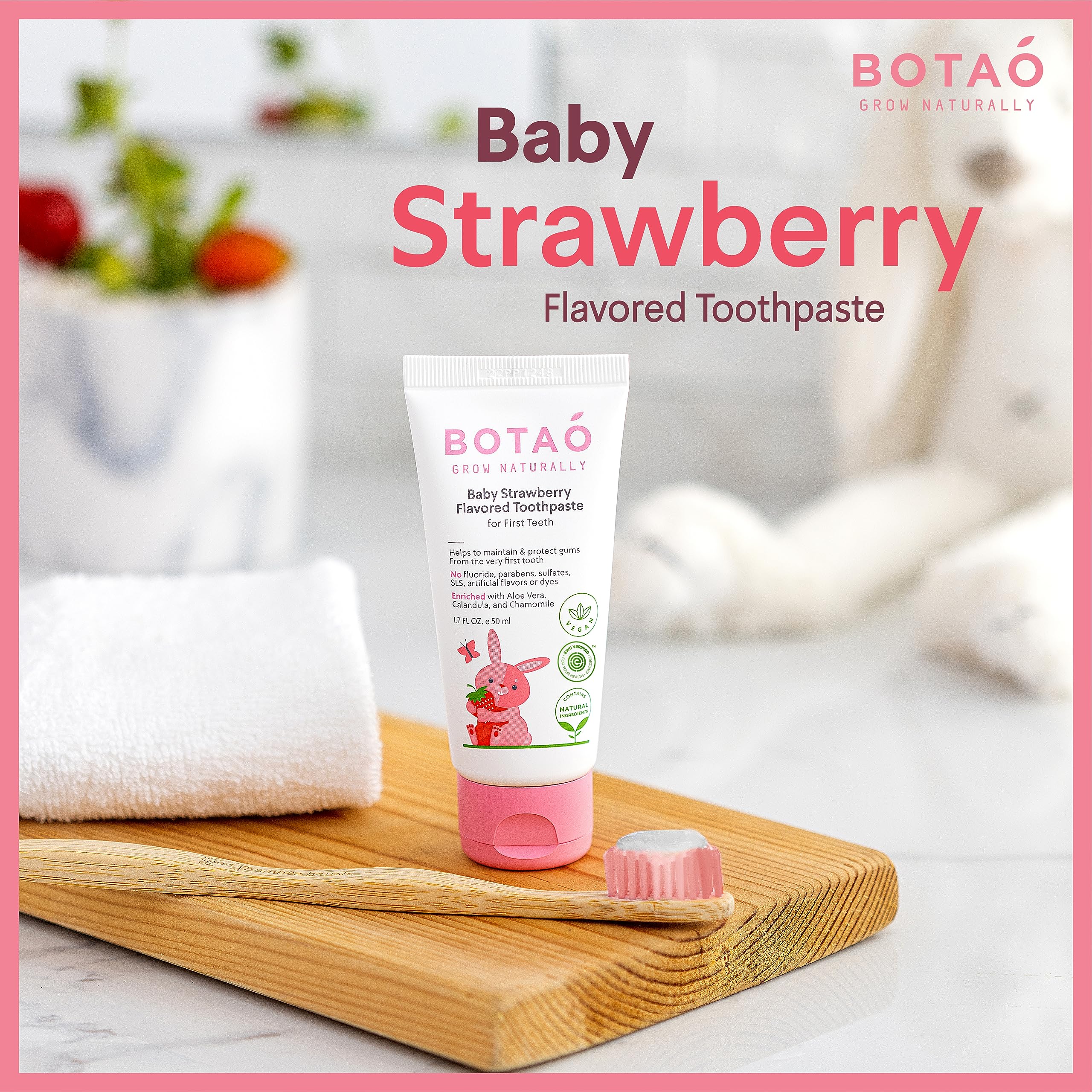 BOTAO Fluoride Free Baby Toothpaste | Strawberry Flavored - Organic Training Natural Toddler Toothpaste for Toddlers | EWG Verified, Vegan, SLS Free, Safe to Swallow, Aloe Vera -1.7Oz