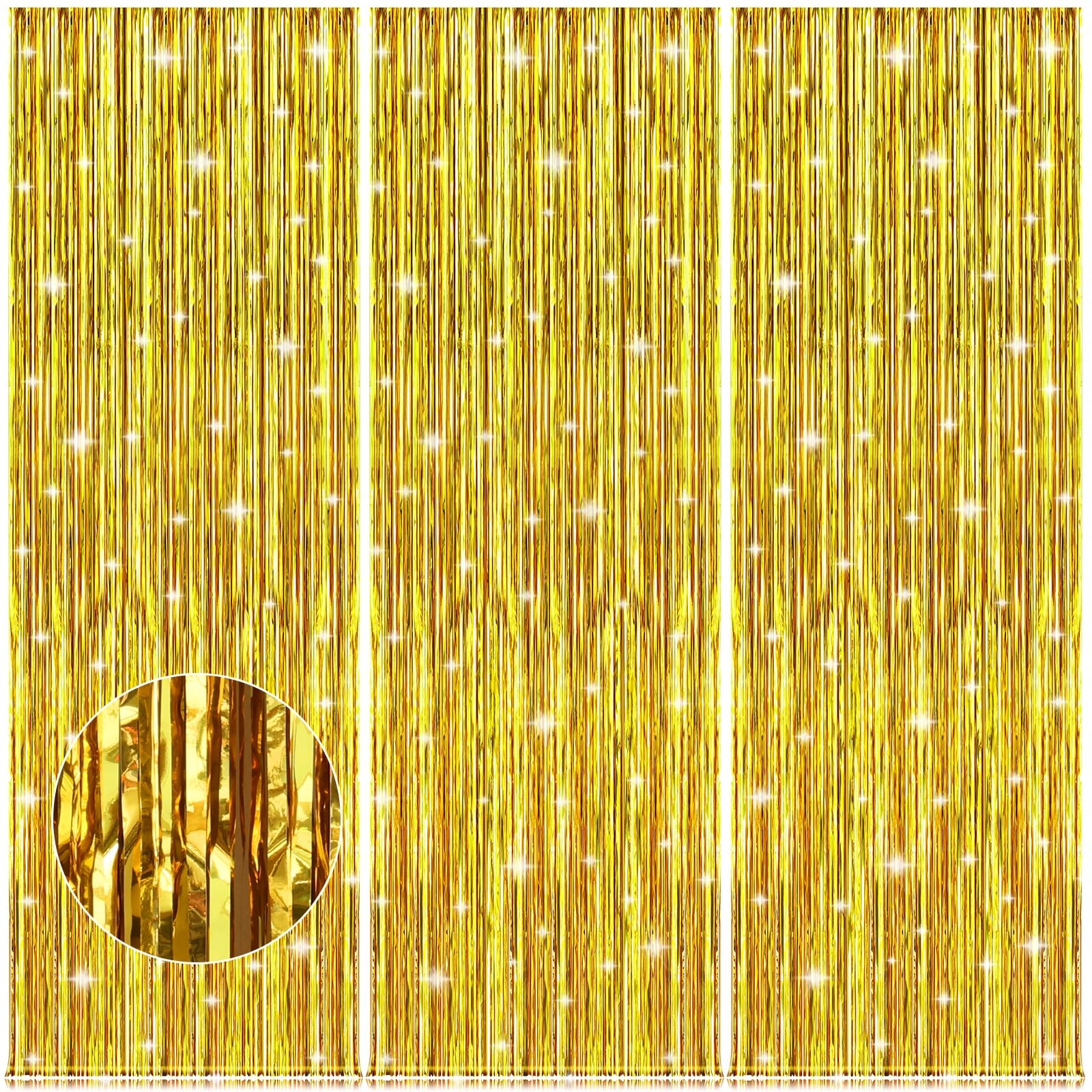 Accevo Gold Party Streamers 3Pack Foil Fringe Curtains 3.2ft x 8.2ft Door Streamers Metallic Tinsel Curtain Gender Reveal New Year Christmas Party Decorations Glitter Streamers Decoration Photo Booth