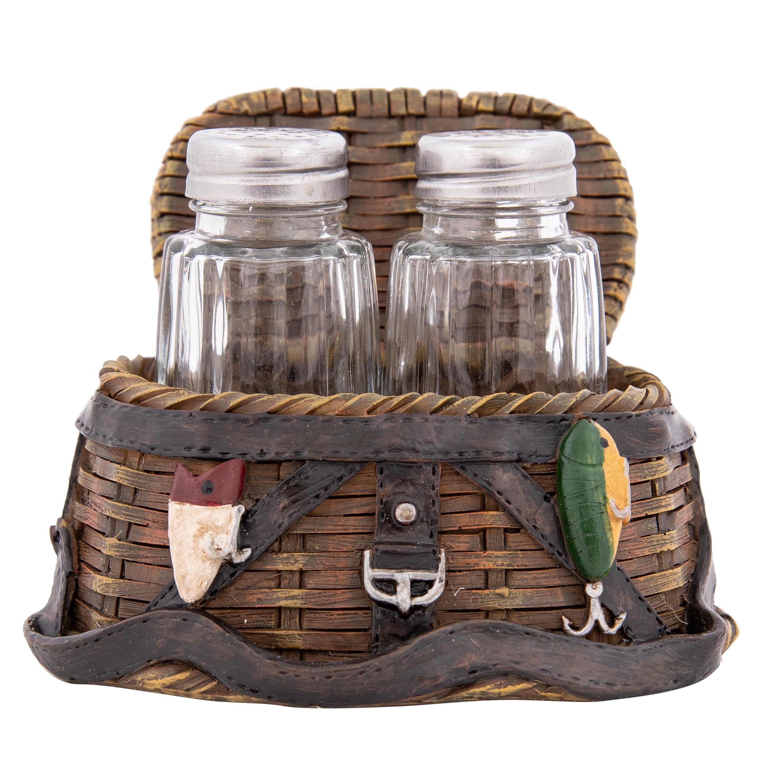 Corner Merchant Lake Cabin Salt and Pepper Shakers - Rustic Kitchen Cutie Salt Pepper Holder (Fishing Basket)