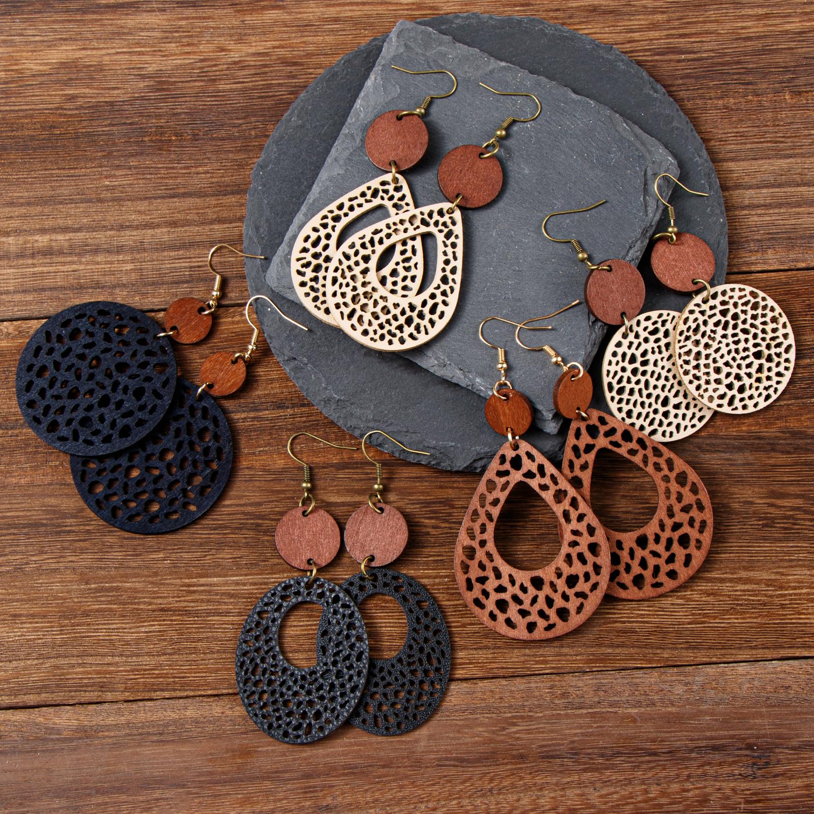 9 Pairs Boho Earrings Vintage Wooden Geometric Leather Earrings Flower Earrings Handmade Big Bohemian Trendy Earrings for Women