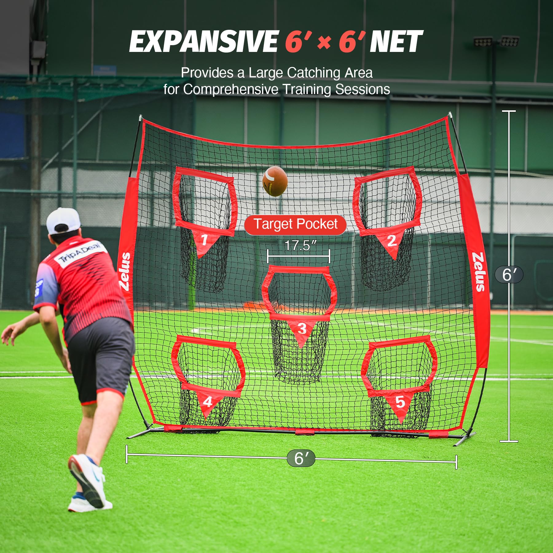 ZELUS 6 x 6ft Football Throwing Net, Quarterback Training Equipment with 5 Target Pockets, Football Practice Throwing Passing Accuracy Trainer with Carry Bag Ground Stakes for Kids Adults, Red