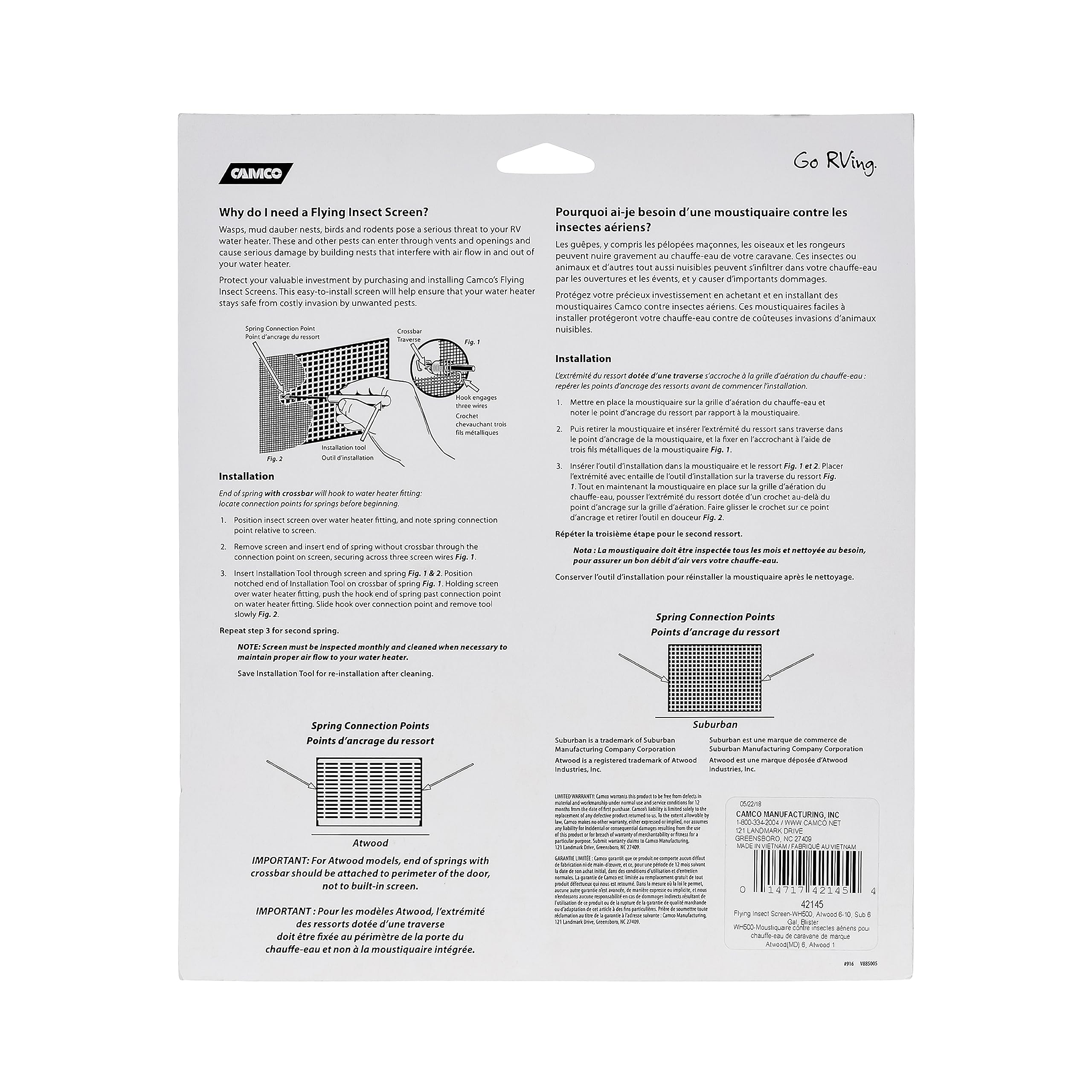 Camco Flying Insect Screen- Protects the Water Heater Vents from Flying Insect Nests, Stainless Steel Mesh, WH 500 -(42145),6" X 8.5" X 1.3" , White