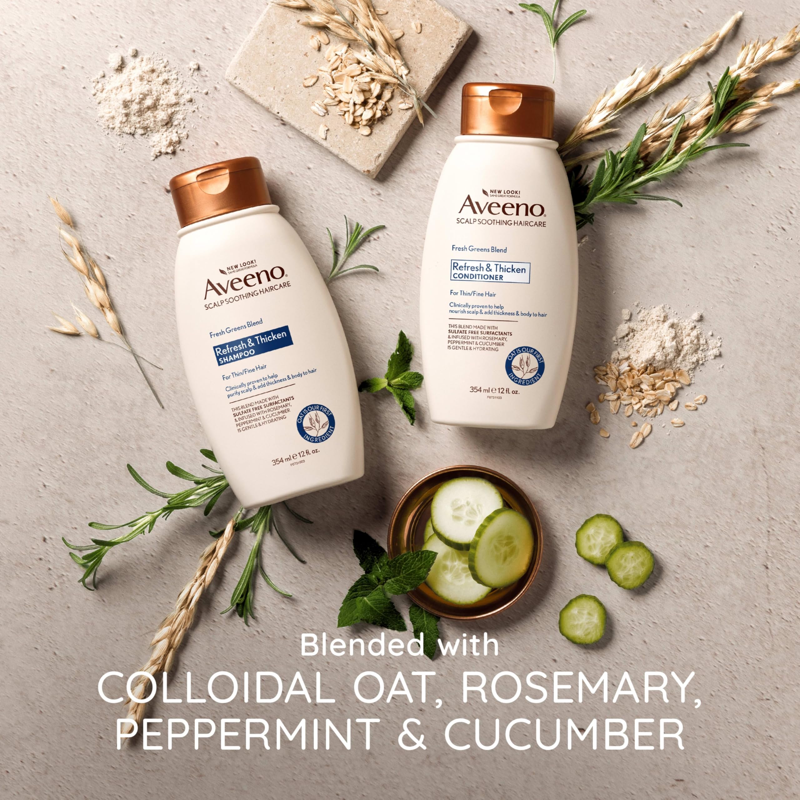Aveeno, Fresh Greens Blend Sulfate-Free Shampoo with Rosemary, Peppermint & Cucumber to Thicken & Nourish, Clarifying & Volumizing Shampoo for Thin or Fine Hair, Paraben-Free, 12oz