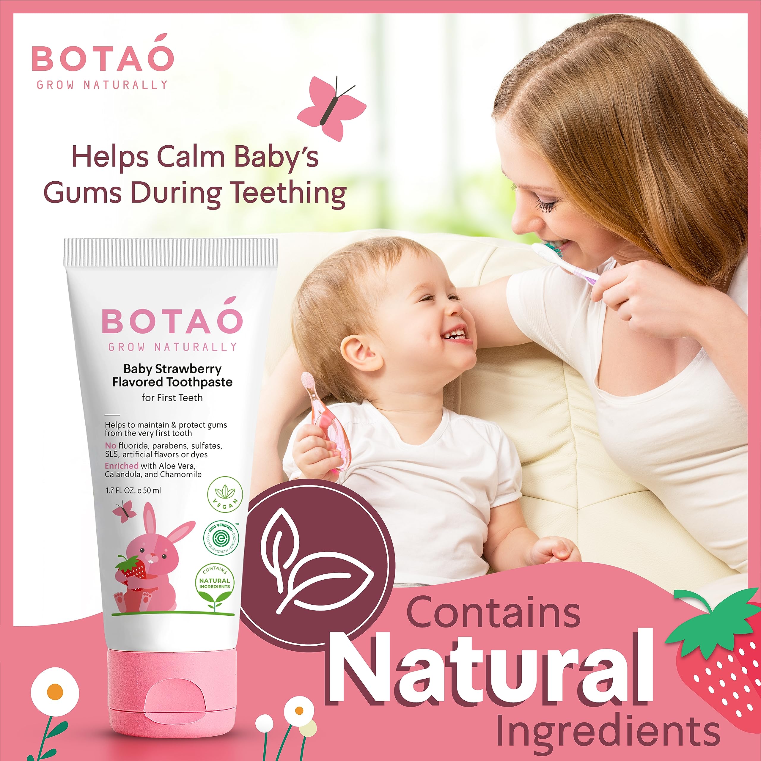 BOTAO Fluoride Free Baby Toothpaste | Strawberry Flavored - Organic Training Natural Toddler Toothpaste for Toddlers | EWG Verified, Vegan, SLS Free, Safe to Swallow, Aloe Vera -1.7Oz