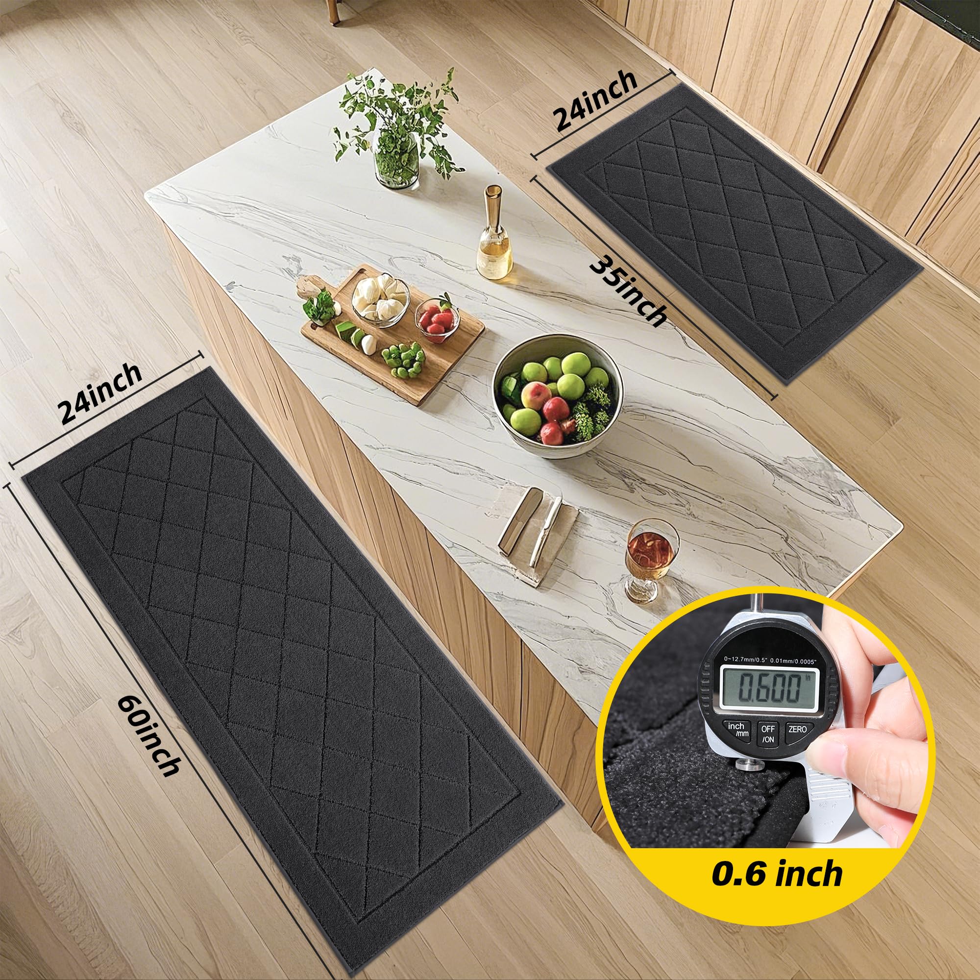 JSEI Non-Slip Kitchen Rugs, Self Adhesive No Sliding Kitchen Mats Set of 2, Soft Washable Absorbent Floor Mat for Kitchen, Bathroom, Laundry Room, Bedroom, 24”x36”+24”x60”, Dark Grey, Diamond Pattern