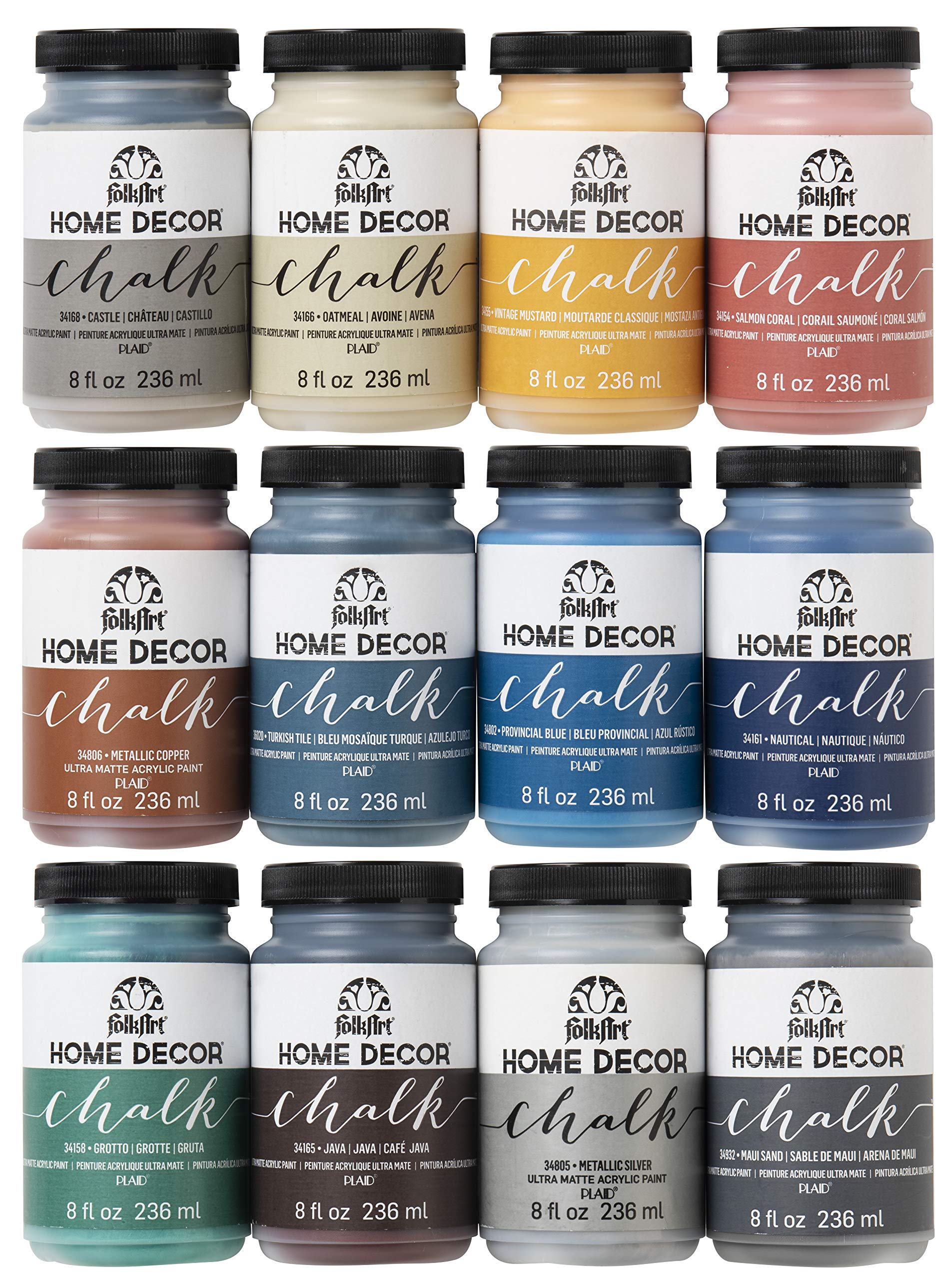 FolkArt Home Decor Ultra Matte Chalk Finish Acrylic Craft Paint Set Formulated for No-Prep Application, Designed for Beginners and Artists 8 Fl Oz (Pack of 12)