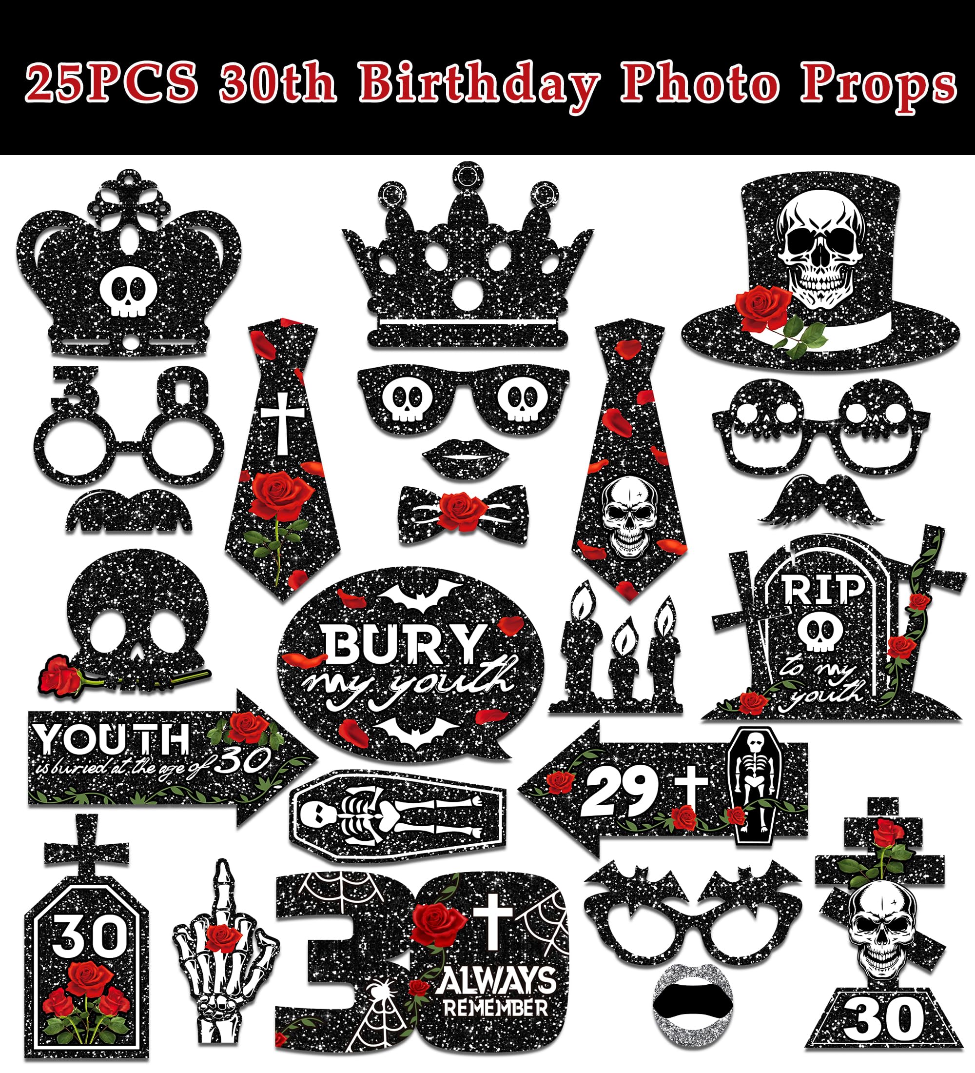 25pcs 30th Birthday Photo Booth Props with Stick 30 Birthday Party Supplies Rip to My Youth Skull Selfie Prop for My Youth Funny Thirtieth Black Birthday Party Decoration