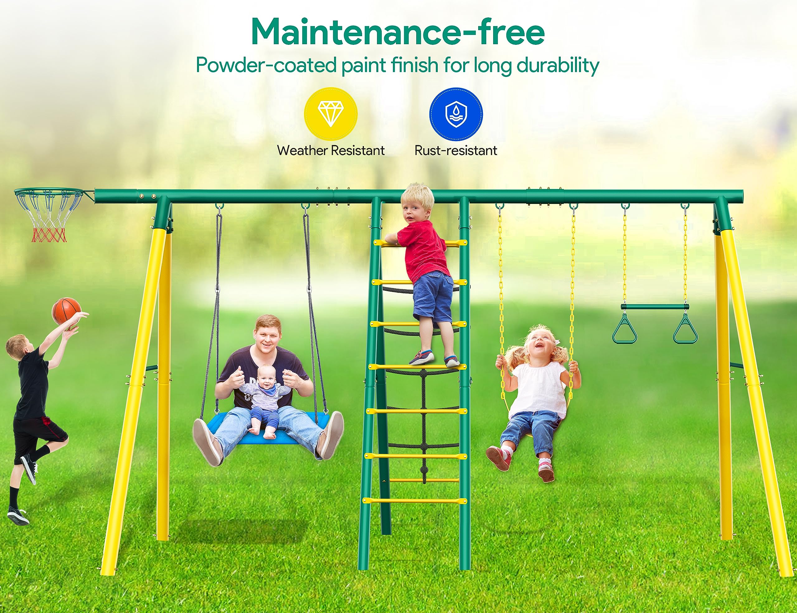 Osoeri Swing Sets for Backyard, 6 in 1 Swing Sets,Heavy-Duty Metal Swing Sets for Backyard with 2 Swings, Climbing Ladder and Nets,Trapeze Bar and Basketball Hoop