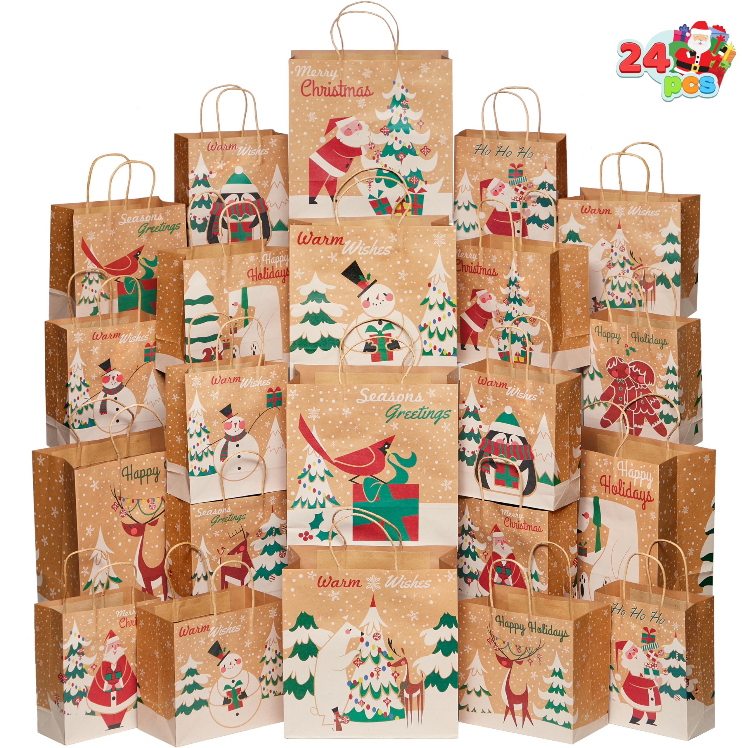 JOYIN 24 PCS Christmas Kraft Gift Bags with Assorted Christmas Prints for Kraft present Bags, Christmas Goody Bags, Xmas Gift Bags, School Classrooms and Party Favors (not included tissue paper)