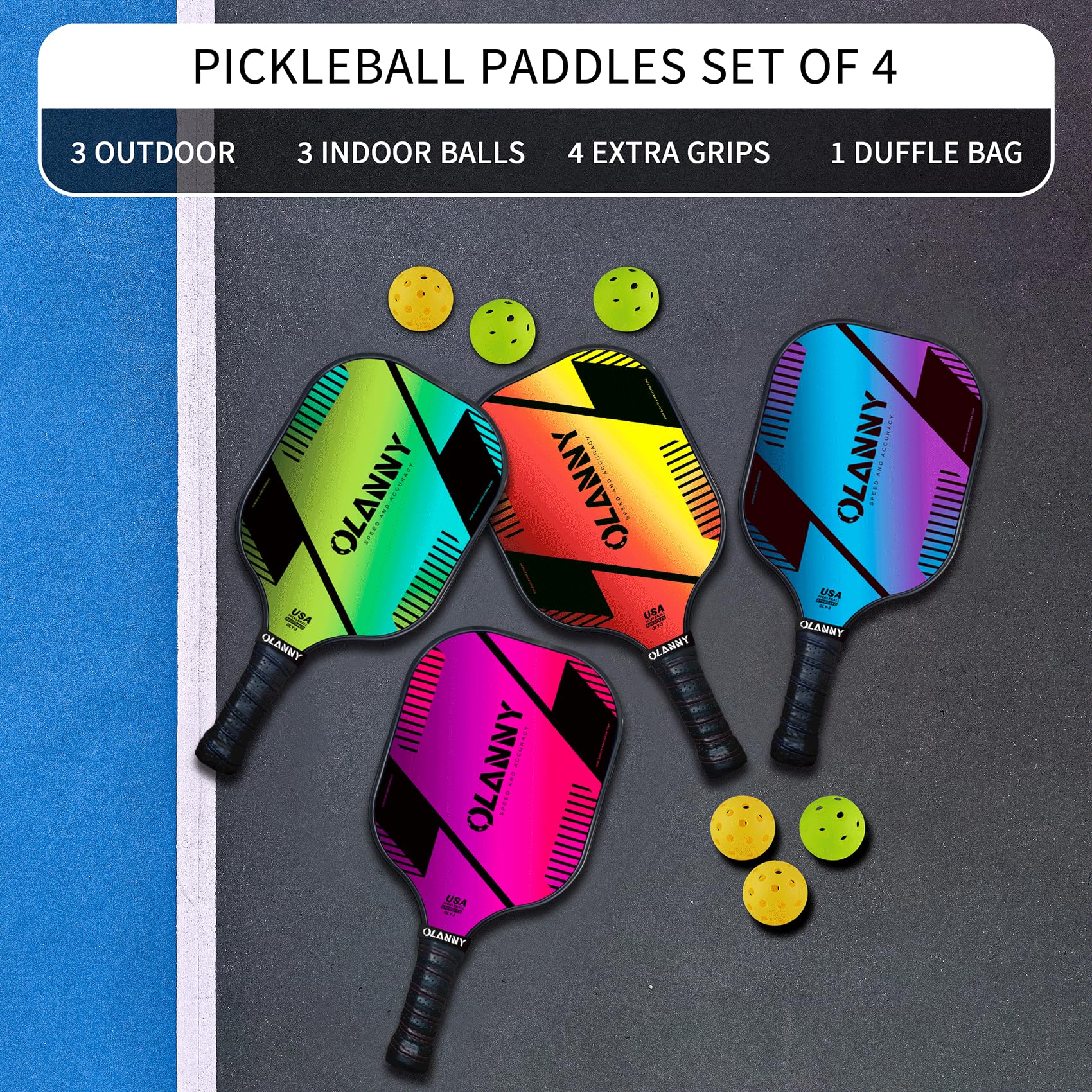 OLANNY Pickleball Paddles Set of 4 Graphite Pickleball Set with Honeycomb Core and Comfort Grip,Pickle-Ball Equipment includes 4 Pickleball Racquets,6 Balls,4 Pickleball Grip Tape & 1 Portable Bag