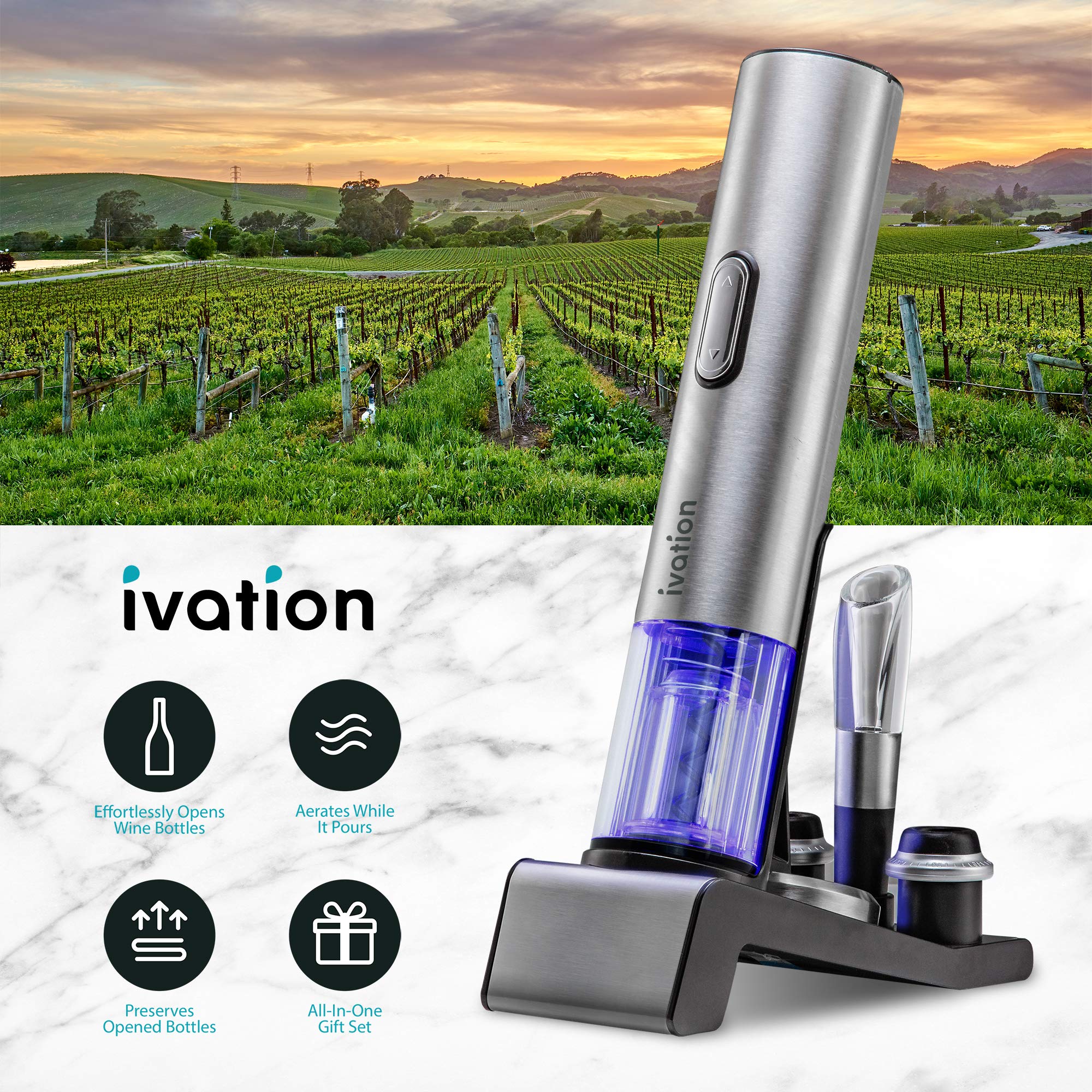 Ivation 6-in-1 Wine Gift Set – Includes Stainless Steel Electric Opener, Vacuum Preserver, 2 Cork Stoppers, Foil Cutter & Charging Base