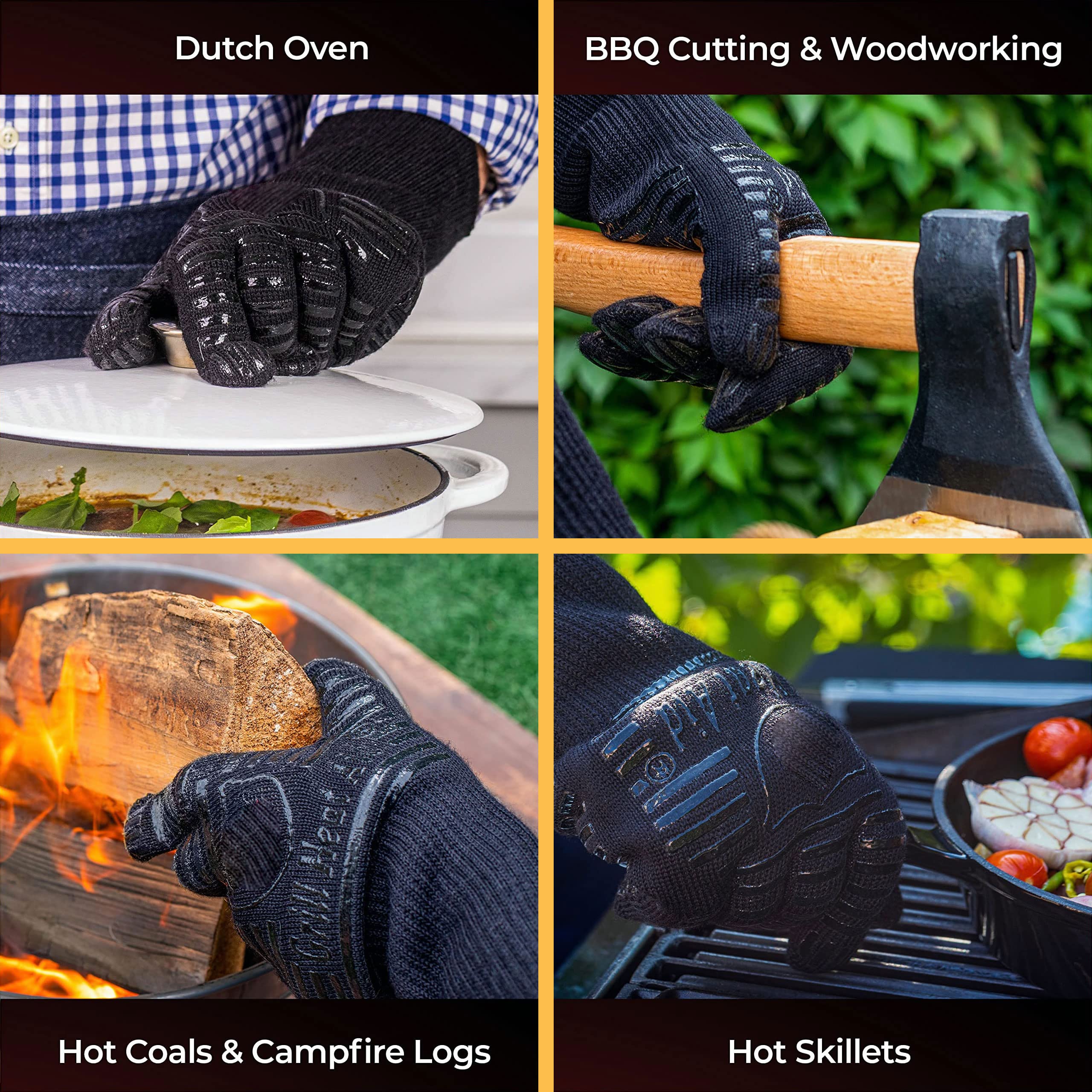 Heat Resistant Silicone BBQ Gloves - Fire Protection up to 1472°F - Insulated Glove Set for Hot Barbecue, Grill, Smoker, Baking, Cooking, and Cutting - Indoor or Outdoor Mitts Fit Men and Women