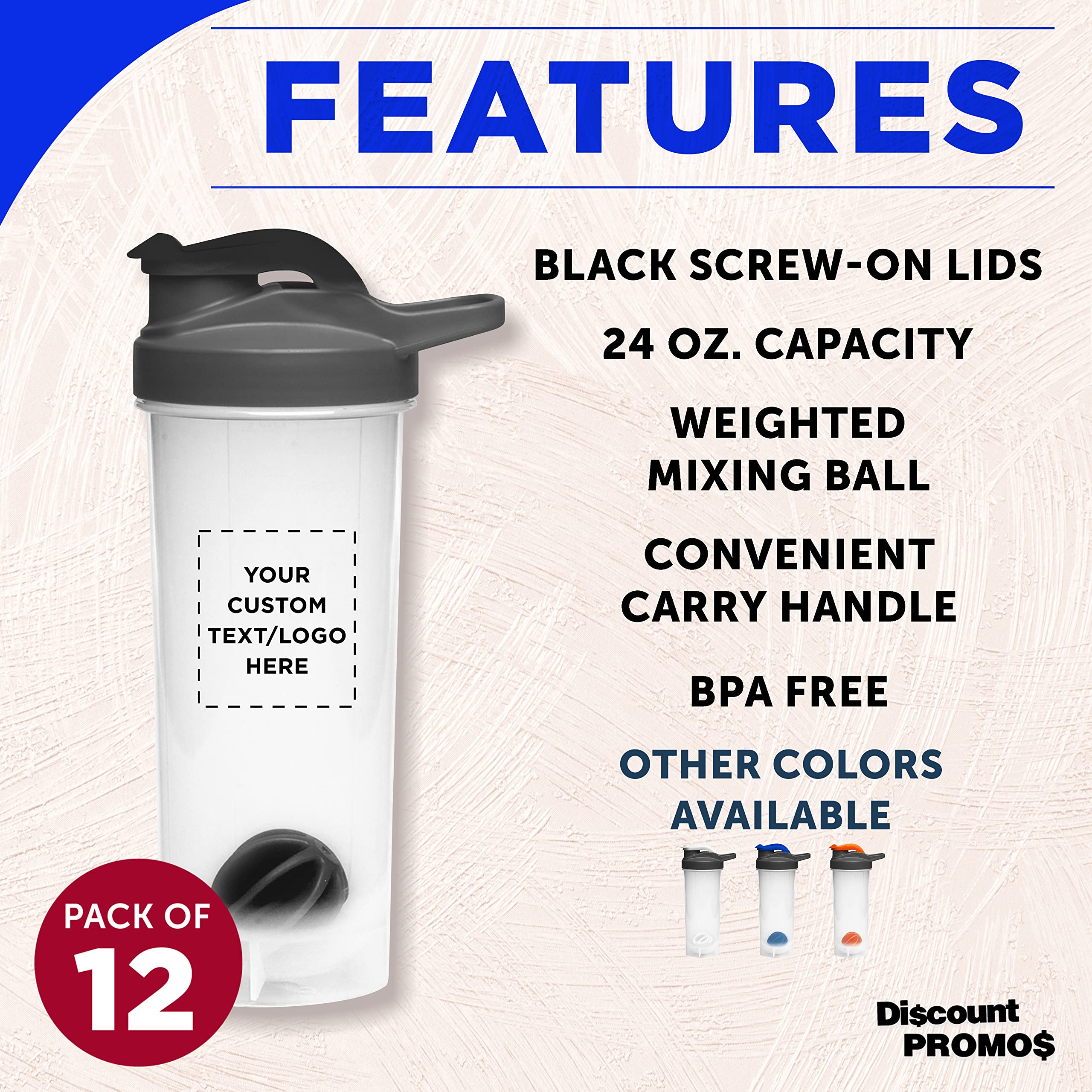 DISCOUNT PROMOS Custom Plastic Shaker Bottles with Mixer 24 oz. Set of 12, Personalized Bulk Pack - Perfect for Protein Shake, Smoothie and More! - Black