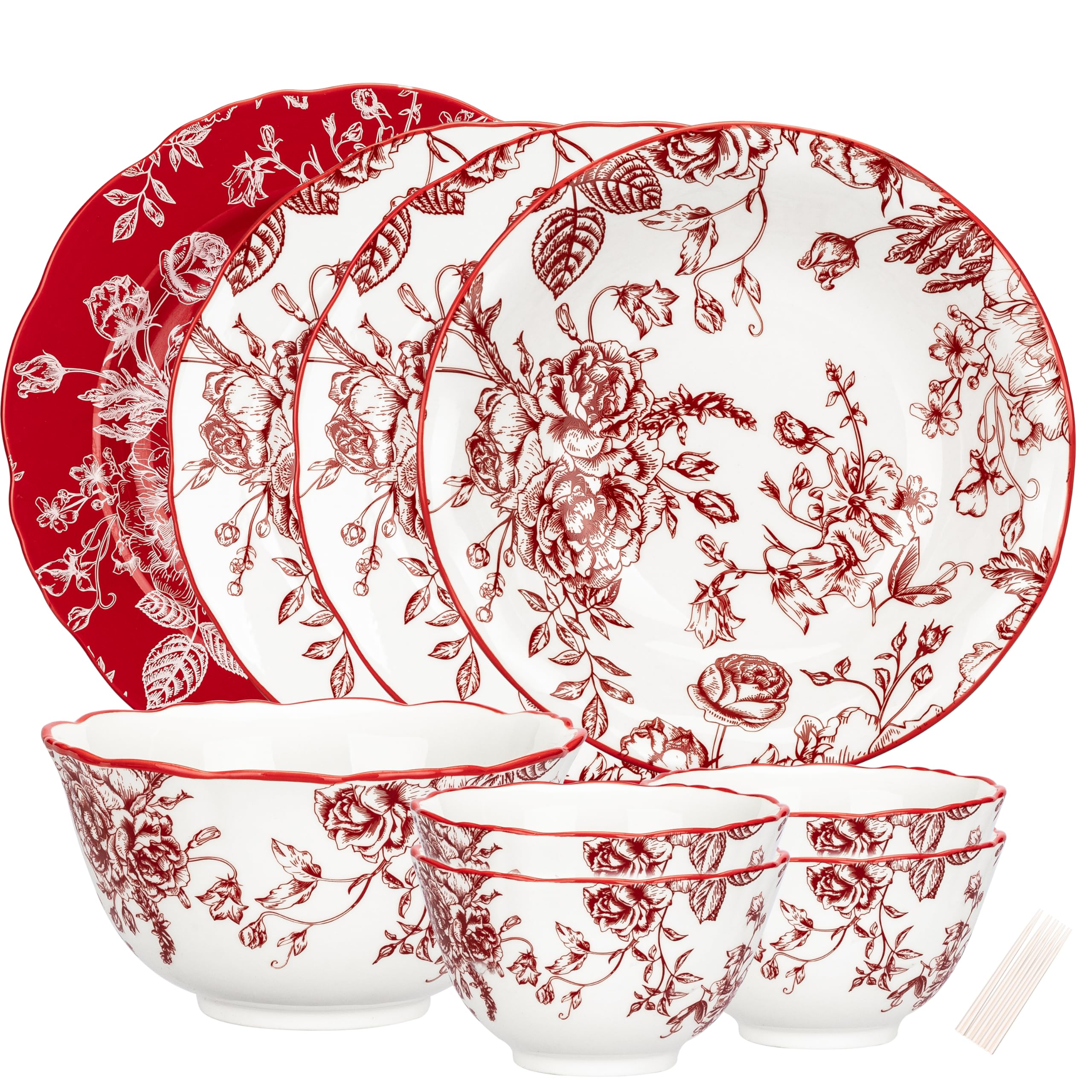 MDZF SWEET HOME 14-Piece Vintage Rose Holiday Service for 4 Dinnerware Set,Red Rose Plates and Bowls Set,Suit For Wedding,Housewarming,Afternoon Tea