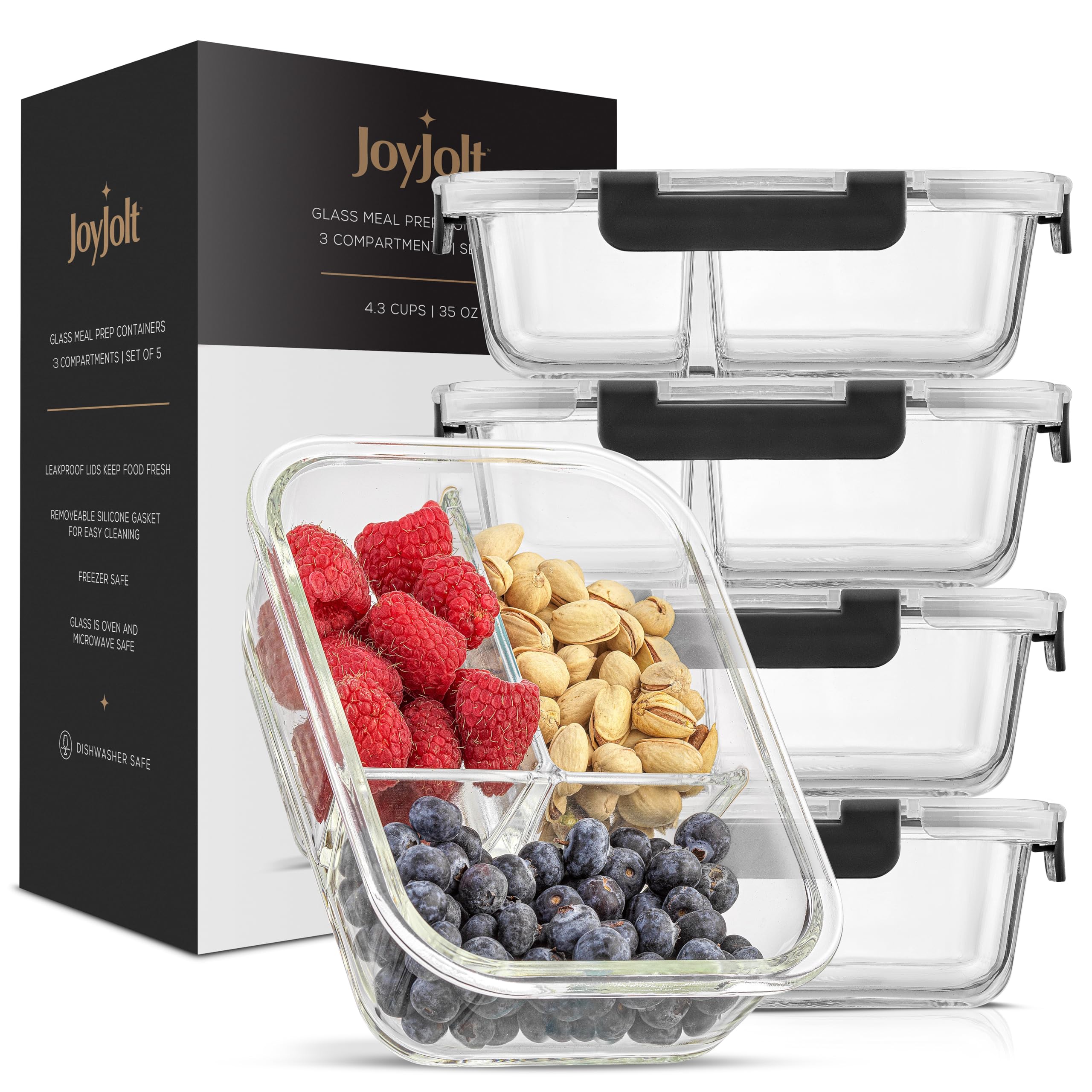 JoyJolt Divided 3 Compartment Glass Meal Prep Bento Box Set. 5 Pack Airtight Food Storage Containers with Lids for Portion Control and Weight Loss