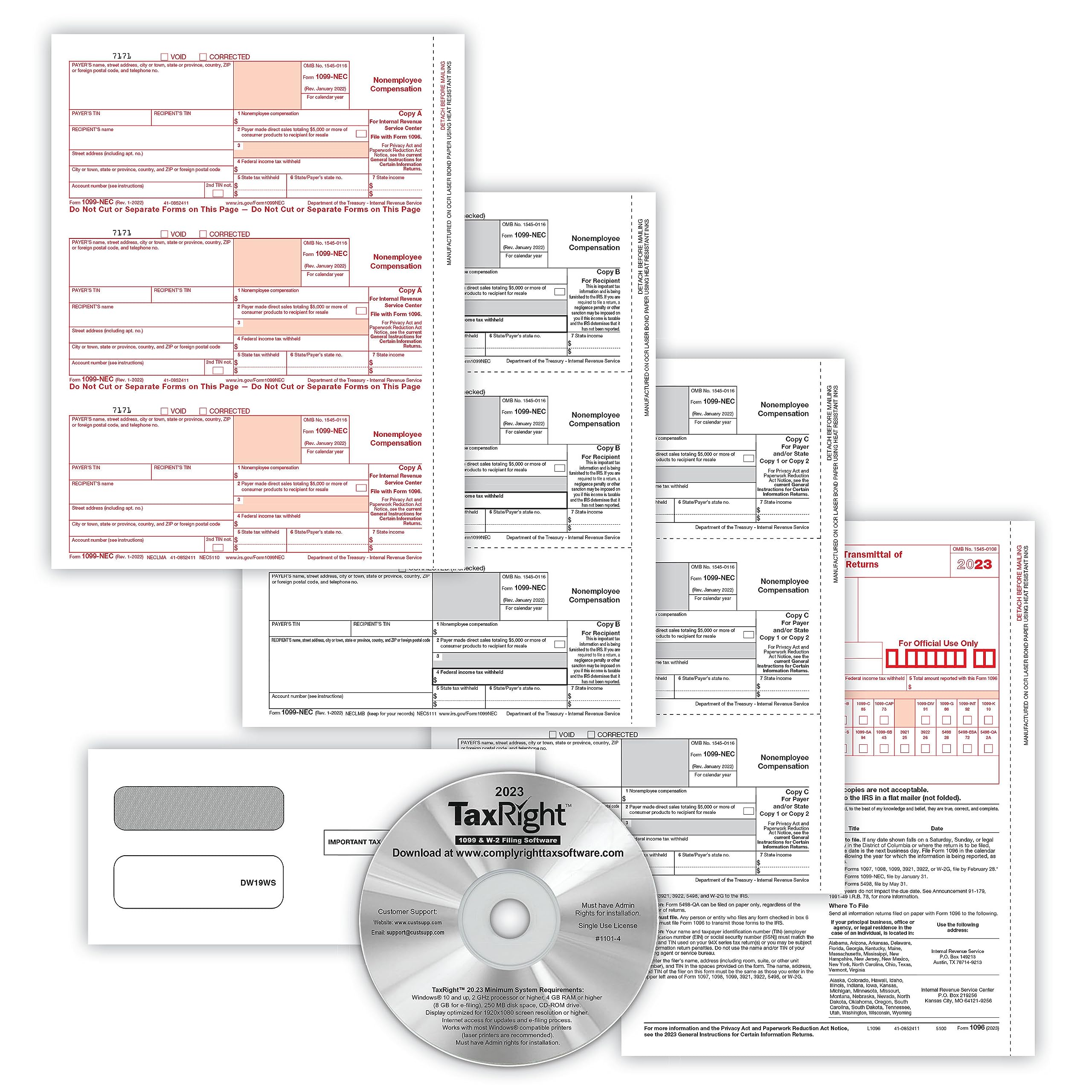 ComplyRight 2024 TaxRight 1099-NEC Tax Kit (4-Part) | 50 Recipients |Self-Seal Envelopes | Software