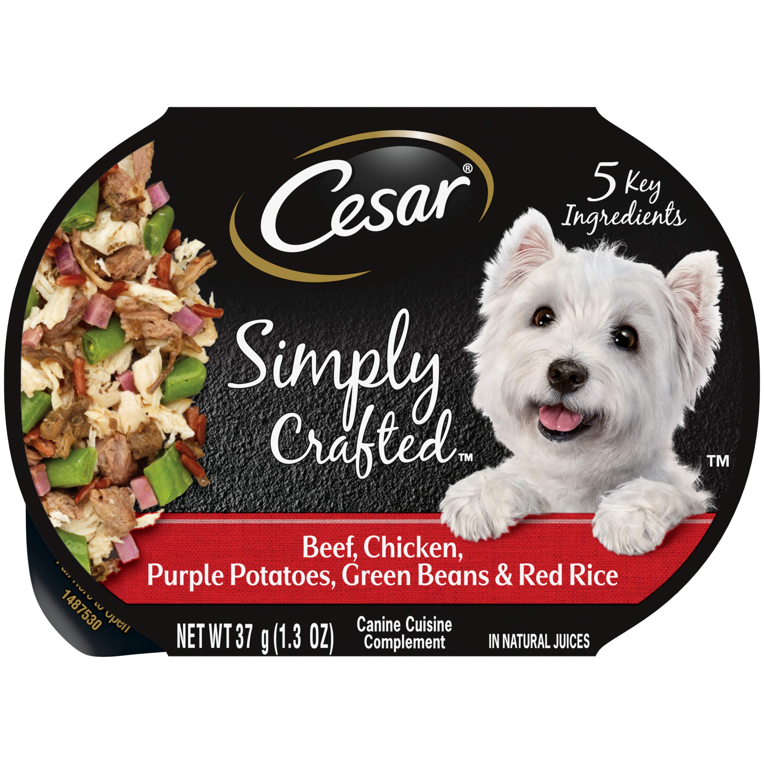 CESAR SIMPLY CRAFTED Adult Soft Wet Dog Food Meal Topper Beef, Chicken, Purple Potatoes, Green Beans & Red Rice, 1.3 oz. Tubs, (Pack of 10)