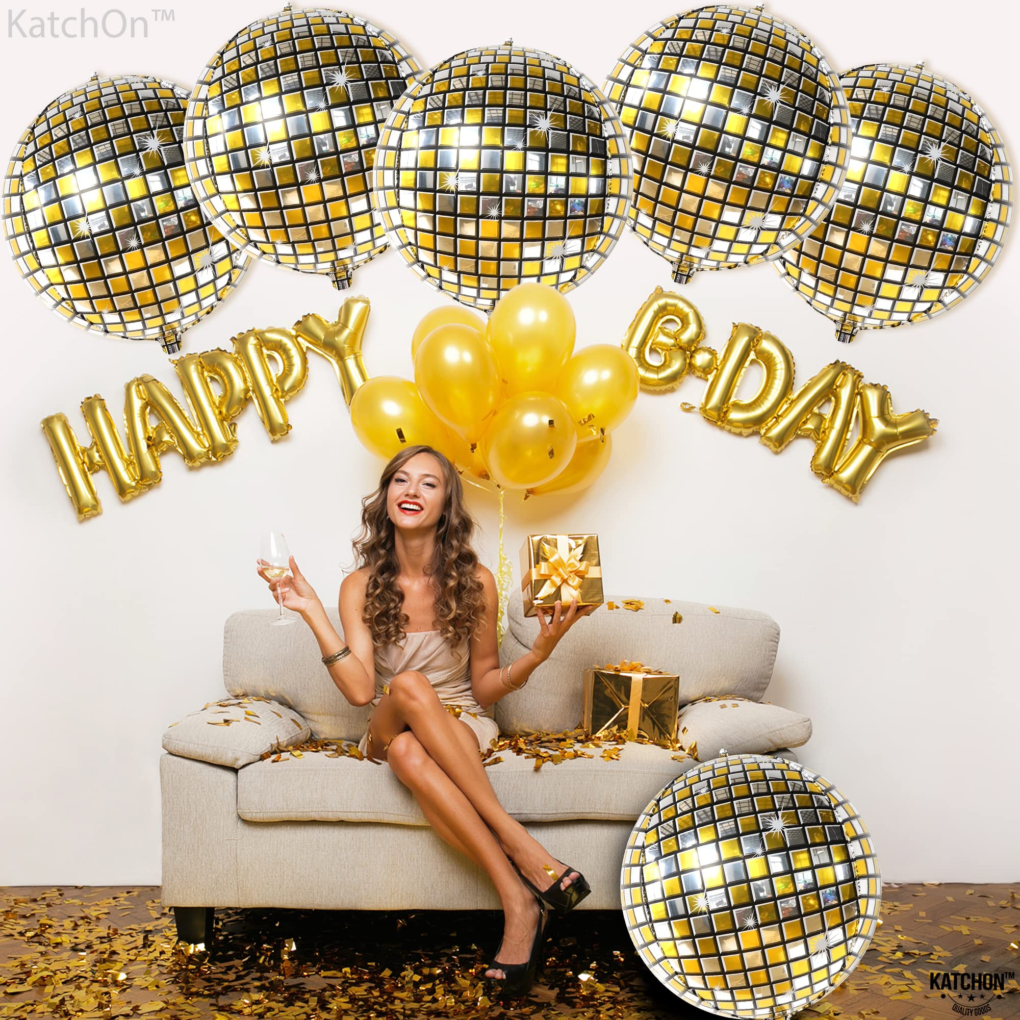 KatchOn, Gold Disco Ball Balloons - Big 22 Inch, Pack of 6 | Metallic 4D Sphere Gold Disco Balloons for New Years Eve Party Supplies 2025 | Gold New Years Balloons for Gold Disco Party Decorations