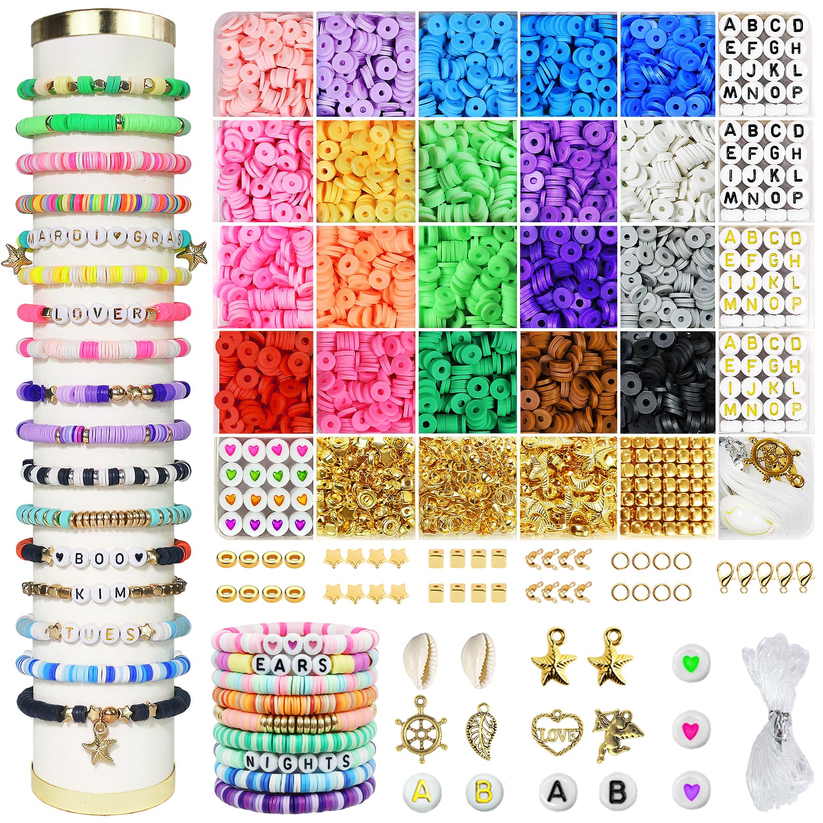 Redtwo 3400 Pcs Clay Beads Bracelet Making Kit, Friendship Bracelet Kit for Jewelry Making, Flat Polymer Heishi Beads with Charms, Gifts Crafts Set for Girls Ages 6-12