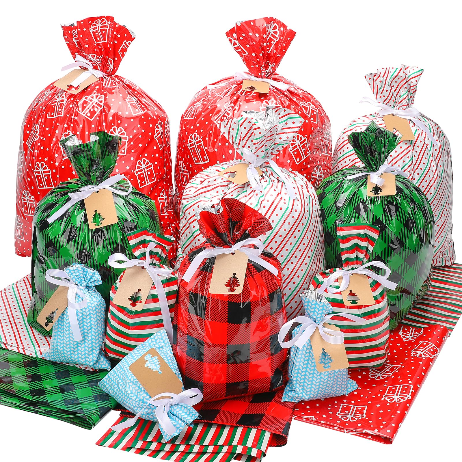 Christmas Gift Bags Assorted Sizes, 34PCS Christmas Bags For Gifts, Small/Medium/Large/Extra Large Christmas Gift Bags with Ribbon Ties, Holiday Xmas Santa Plastic Reusable Wrapping Gift Bag Bulk