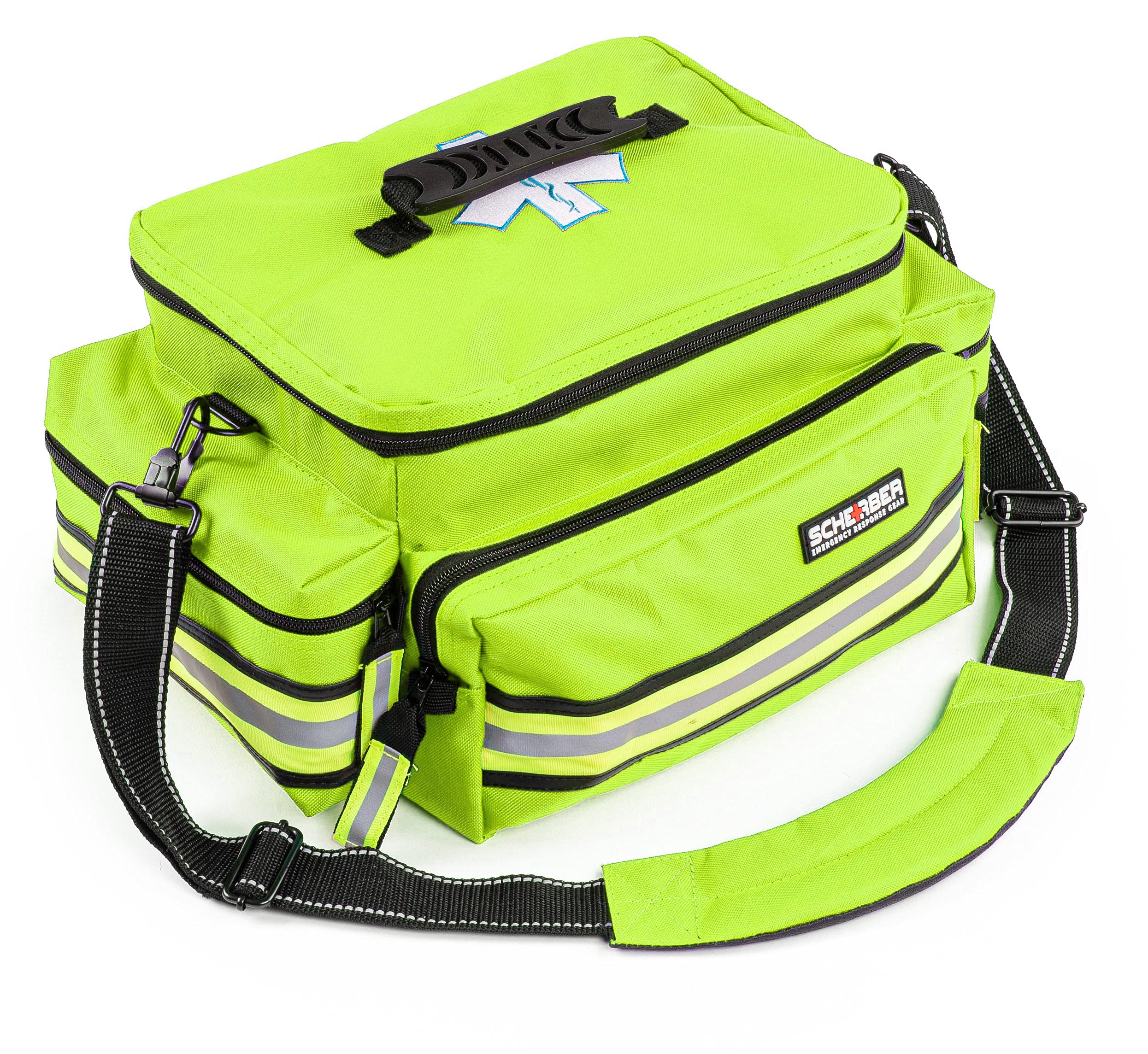 Scherber First Responder Fully-Stocked Professional Essentials EMT/EMS Trauma Kit | HSA/FSA Approved | Reflective Bag w/8 Zippered Pockets & Compartments & 200+ First Aid Supplies - Yellow