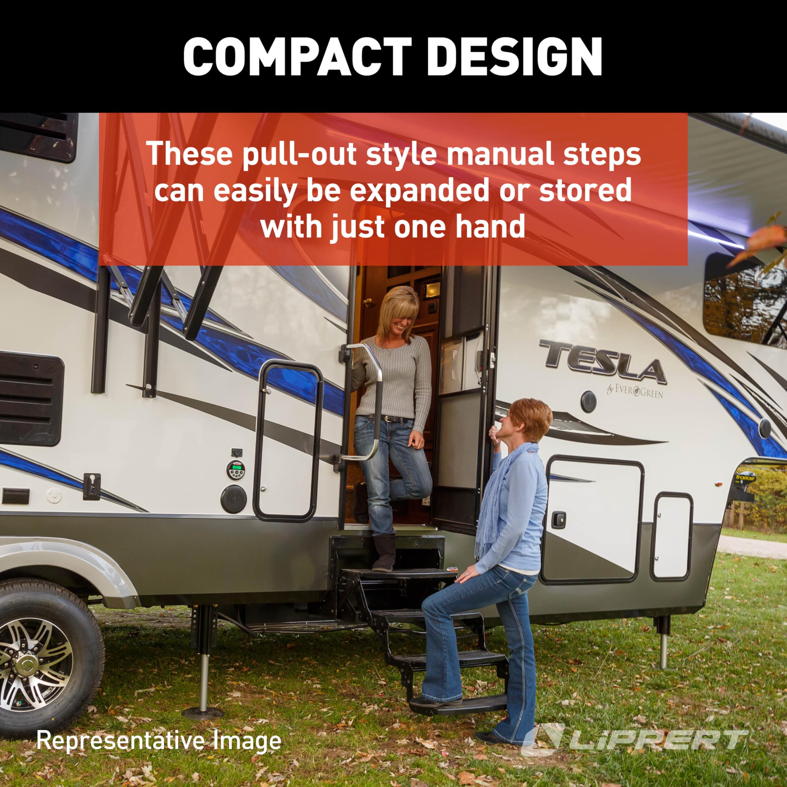 Lippert 24" Radius Triple Manual RV Steps, 9" Rise for 5th Wheel RVs, Travel Trailers and Motorhomes, Anti-Slip Stepping Surface - 1774401