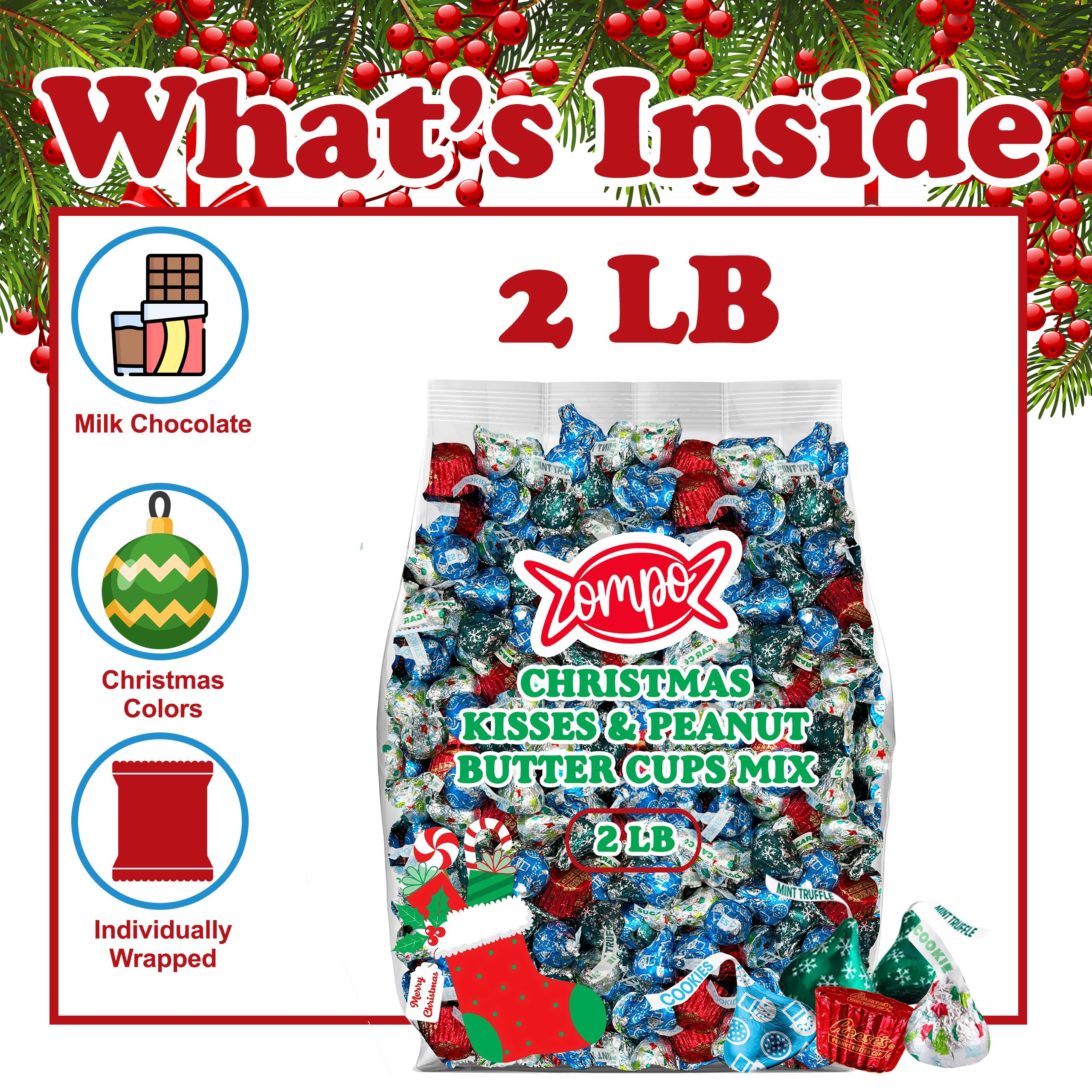 Hershey Christmas Kisses Candy Mix, 2 lbs, Hershey Holiday Assortment of Milk Chocolate Kisses and ReesePeanut Butter Cups, in Festive Red, Silver and Green Holiday Wrappers, Stocking Stuffers