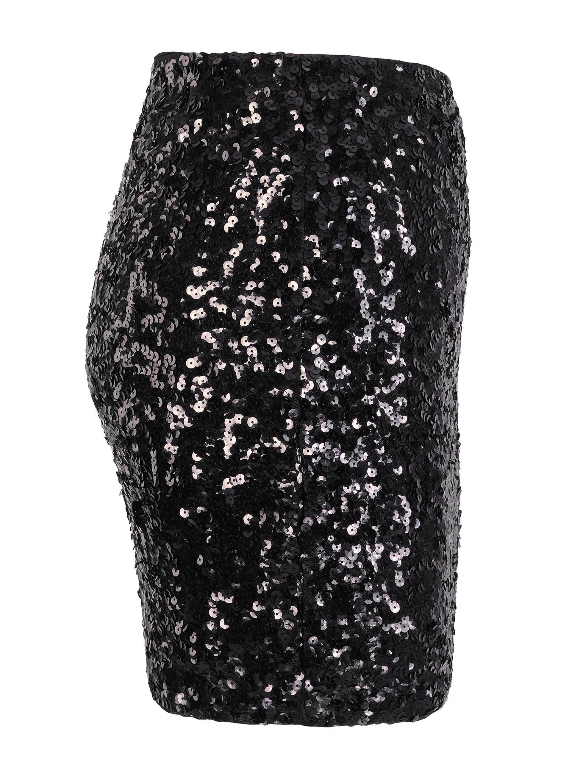 MANER Women's Sequin Skirt Sparkle Stretchy Bodycon Mini Skirts Night Out Party (M/US 8-10, Black)