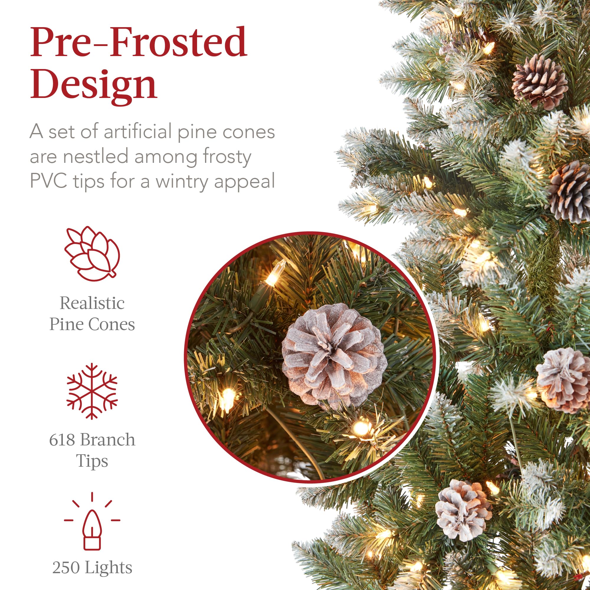 Best Choice Products 6ft Pre-lit Pencil Christmas Tree, Partially Flocked & Frosted Slim Holiday Tree Decoration, Skinny Xmas Tree, 250 Lights, 618 Frosted Tips, 50 Pine Cones, Foldable Stand