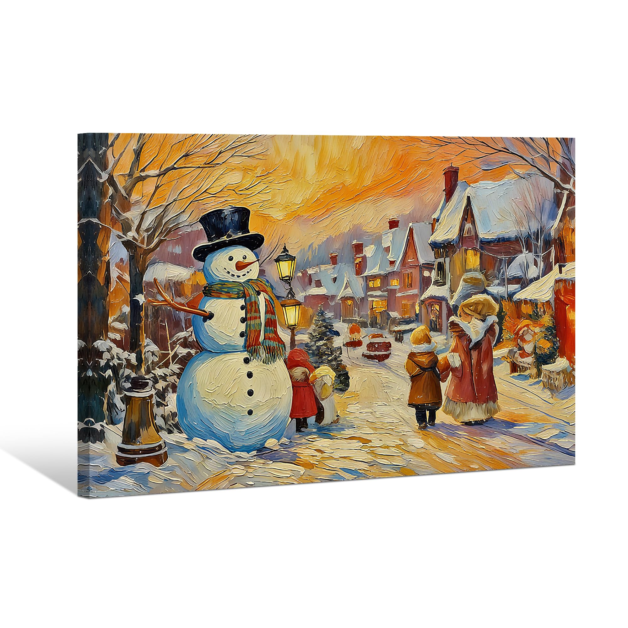 GagetElec Vintage Christmas Canvas Wall Art, Framed Snowy Village & Snowman Winter Scene Christmas Picture for Home, Bedroom, Living Room Decor (Xmas 3, 24" X 16")