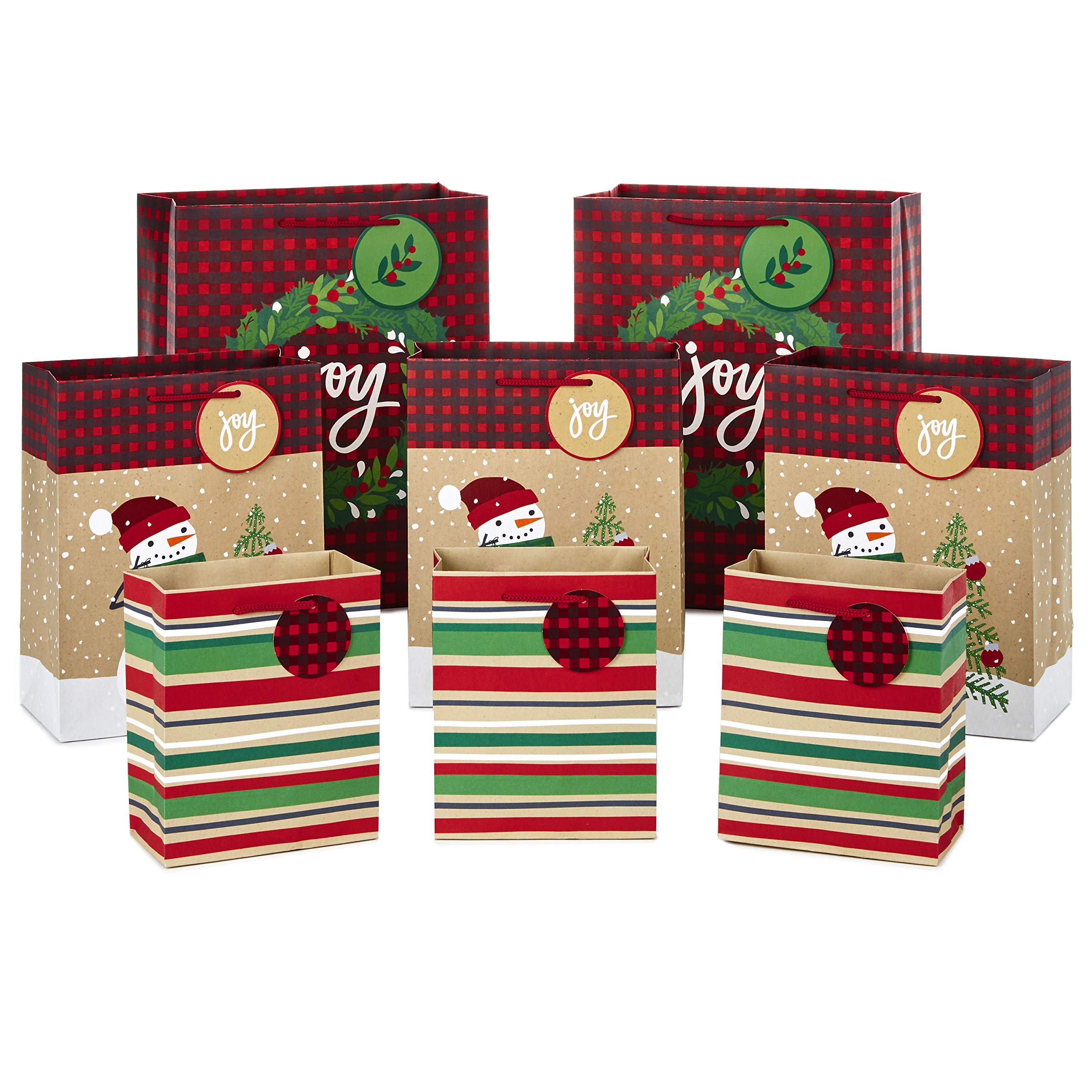 Hallmark Christmas Gift Bag Assortment, Traditional (Pack of 8 Gift Bags; 3 Small 6", 3 Medium 9", 2 Large 13") Snowmen, Red Plaid, Kraft Stripes, "Joy" Wreath