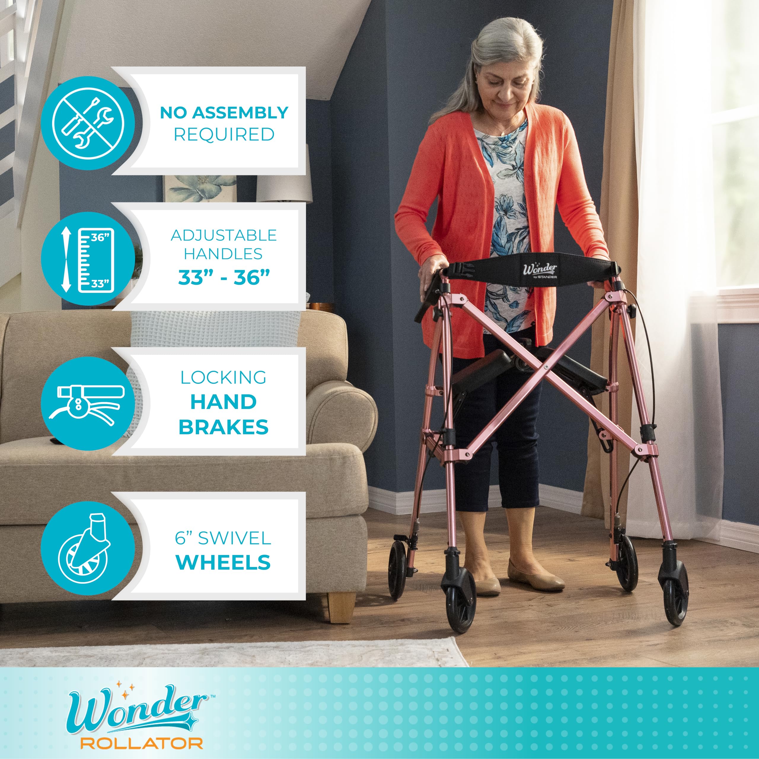 Stander Space Saver Rollator, Lightweight Folding Rolling Walker with Seat for Seniors & Adults, 4-Wheel Mobility Aid with 6-inch Wheels, Locking Brakes & Padded Seat with Backrest, Cobalt Blue