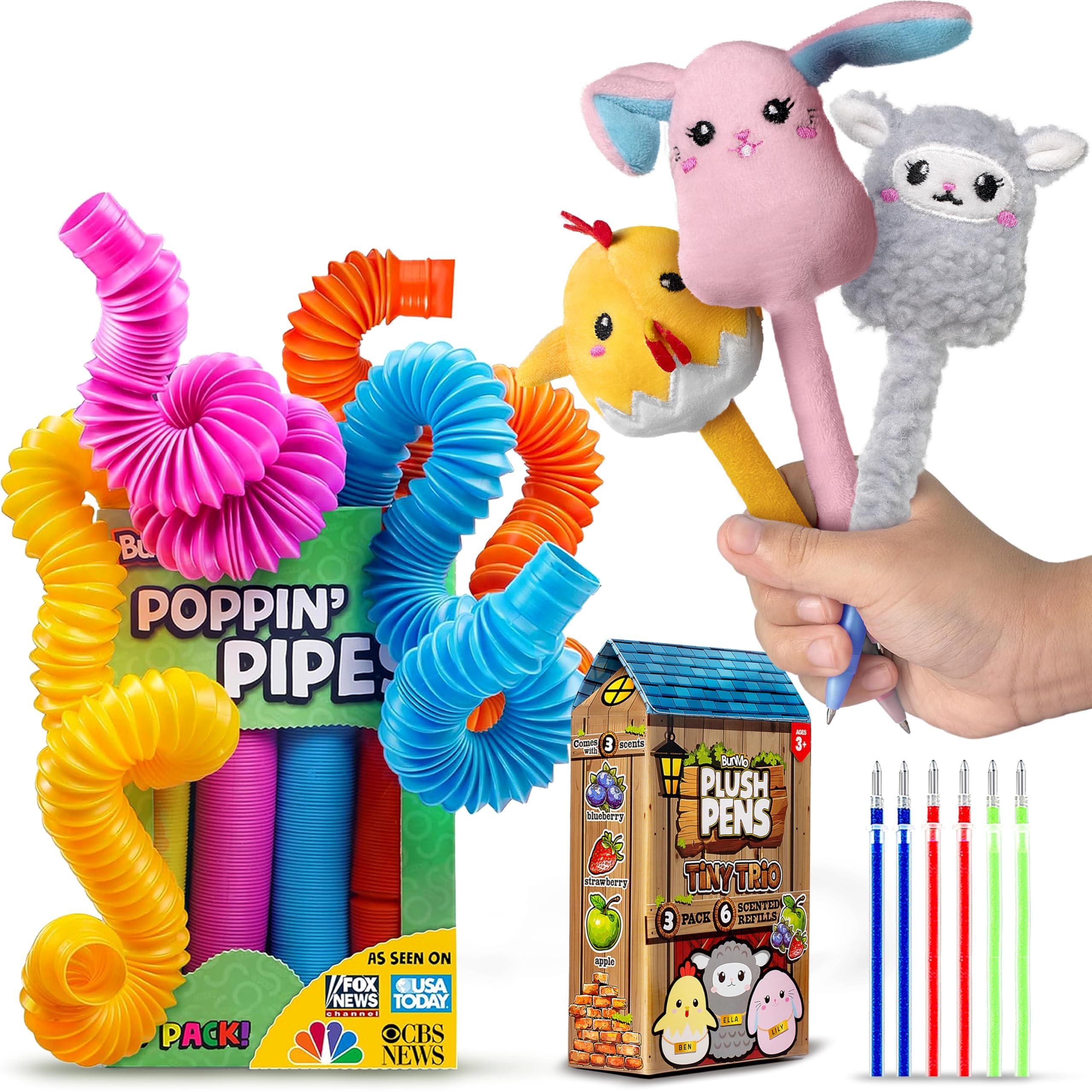 BUNMO Stretch & Write Easter Basket Essentials: 3 pck Cute Gel Pens w/Soft Grip & 6 Refills - Pop Tubes Sensory Toys 4 Pack Large - Easter Basket Stuffers - Non-Mouthable Toy 3+ - Gift for Teens