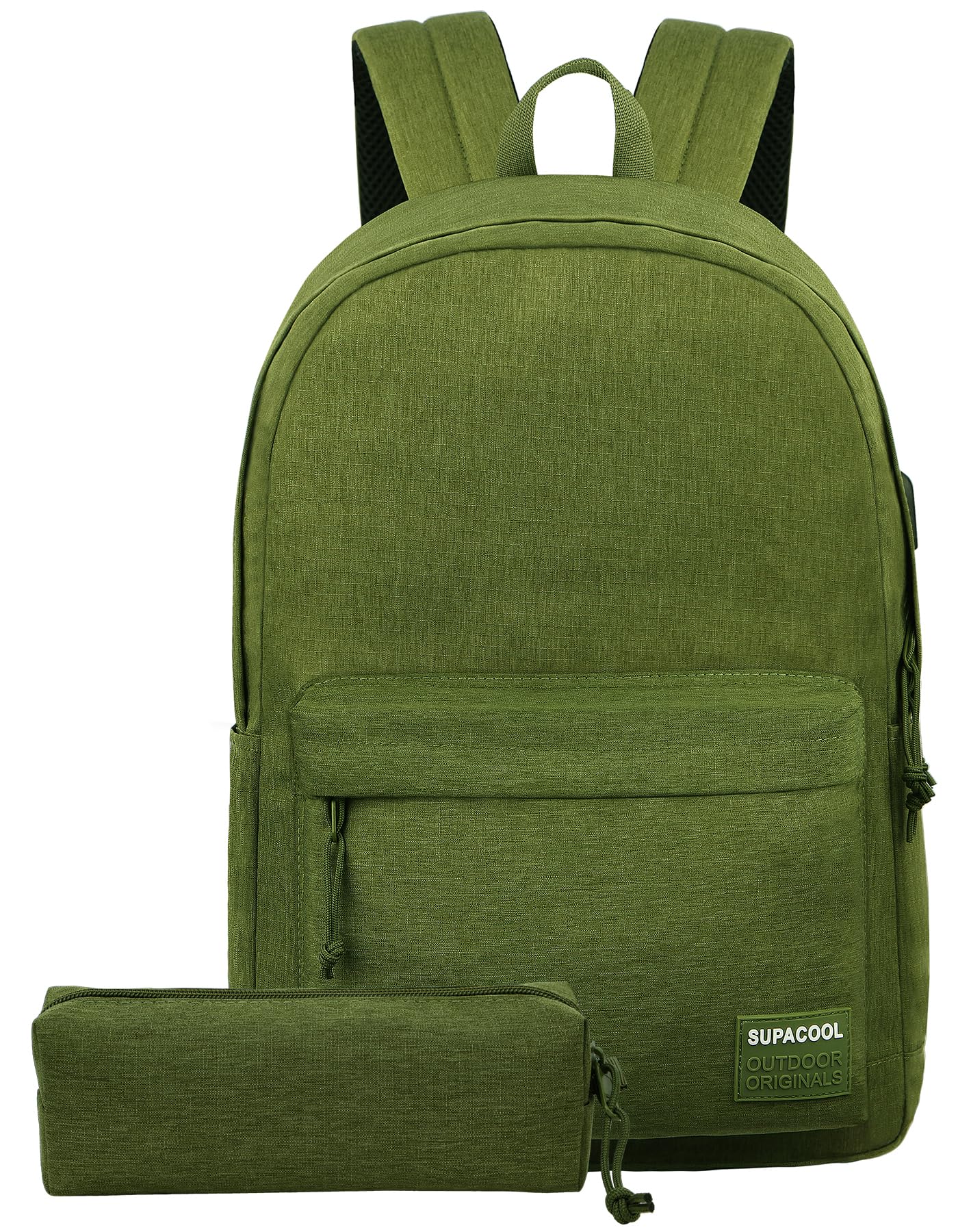 SUPACOOL Lightweight Casual Laptop Backpack & Pencil Pouch, School Backpack with USB Charging Port for Men and Women, Bookbag for Boys and Girls, Work Backpack(Olive set)