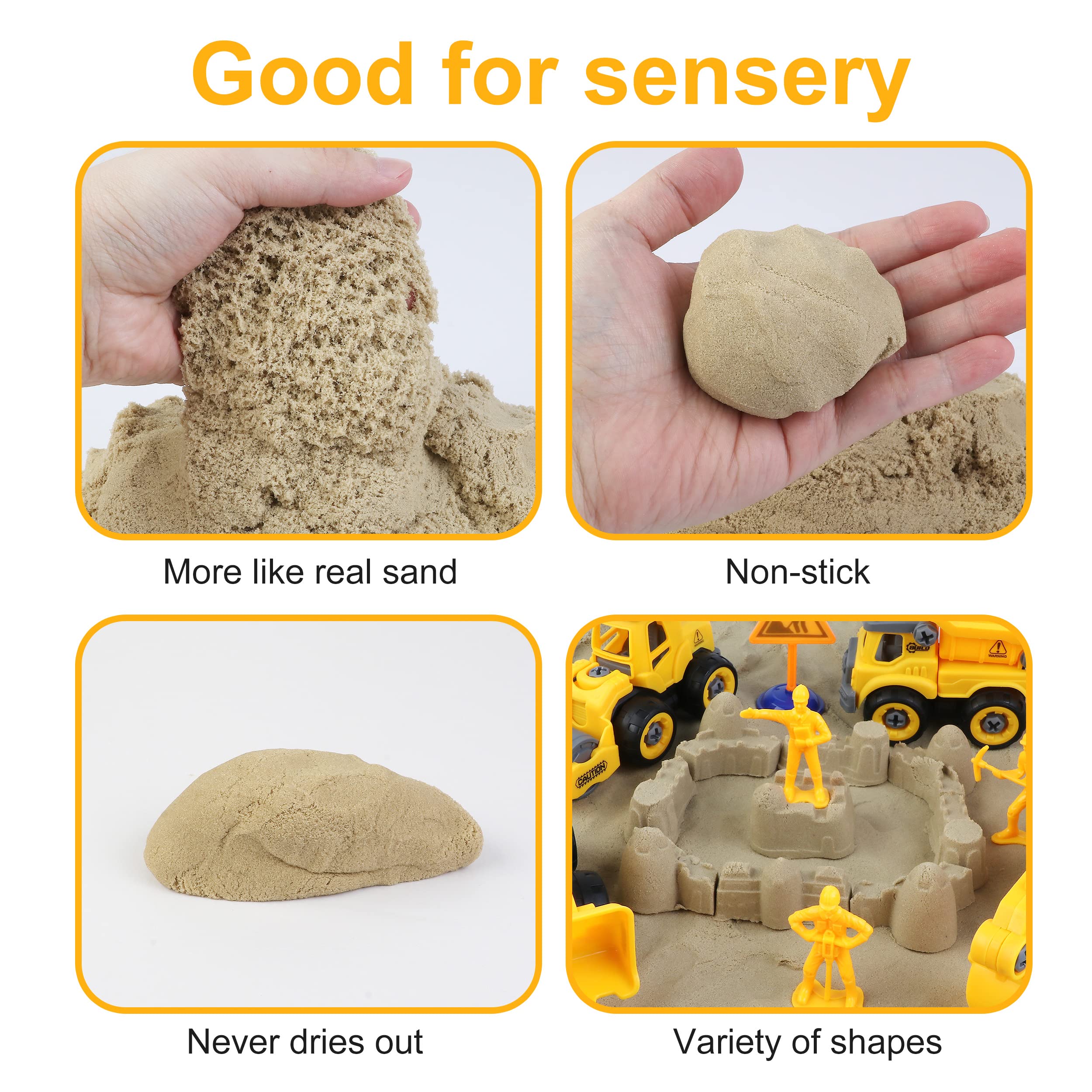 WICOTOO Sand Construction Kit,Sandbox,2.2lbs Magic Sand W/4 Take Apart Construction Trucks,Tower Crane,8 Sand Molds,4 Worker Figures,4 Road Signs,Toys for Boys Girls Age 4-8 Yellow,Brown